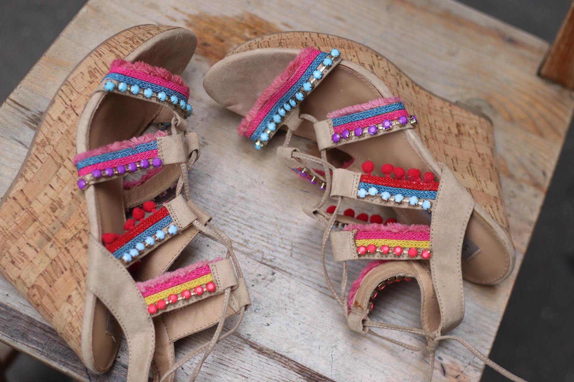 Y2K Steve Madden Wedges | Vintage Embellished Cork Platform Sandals| Boho Festival Shoes | Colorful Strappy Heels | 2000s Statement Footwear