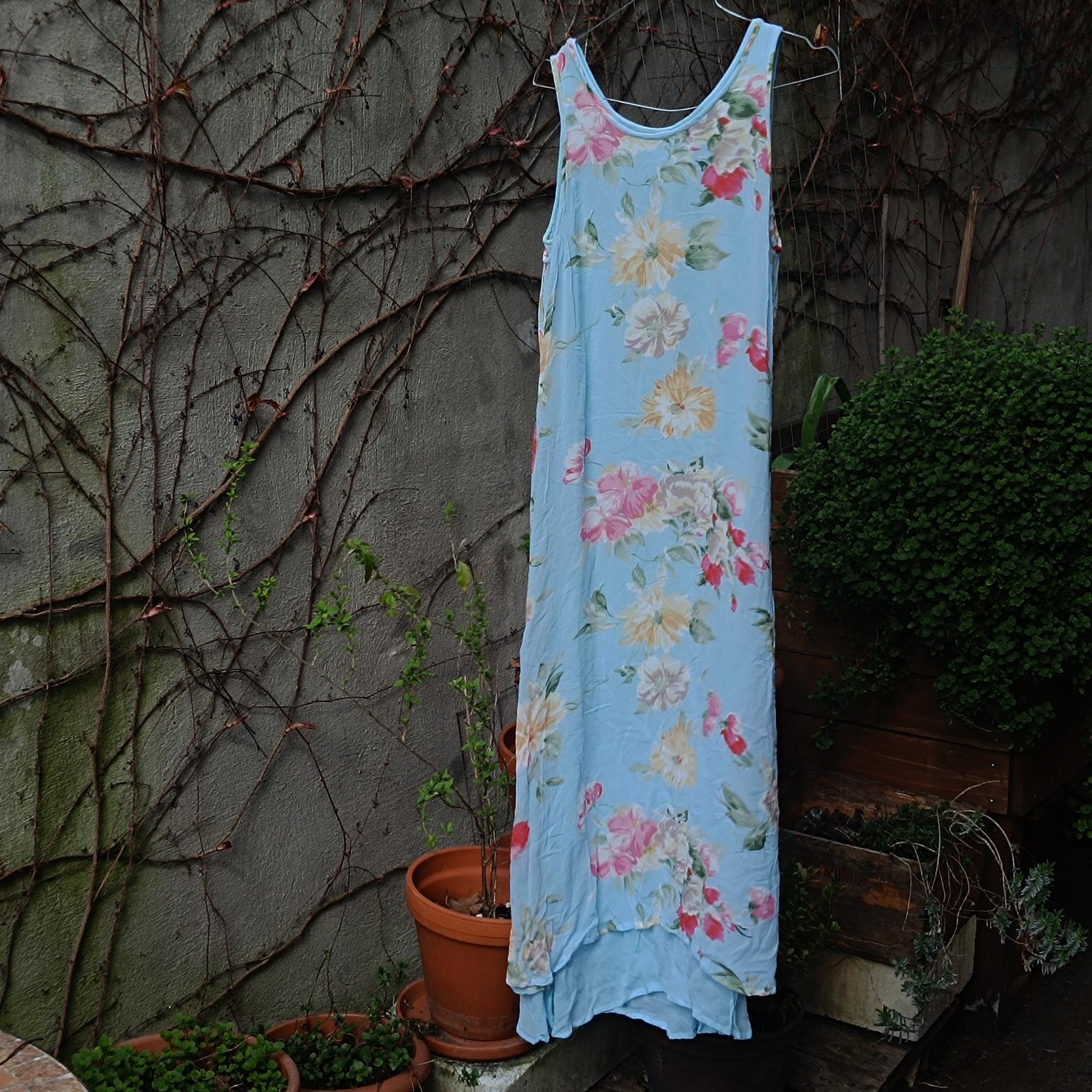 Vintage 90s Cottagecore Maxi Dress | Sky Blue Floral Summer Dress for Women | Grunge Sleeveless Dress with Layered Hem | Ethereal Style