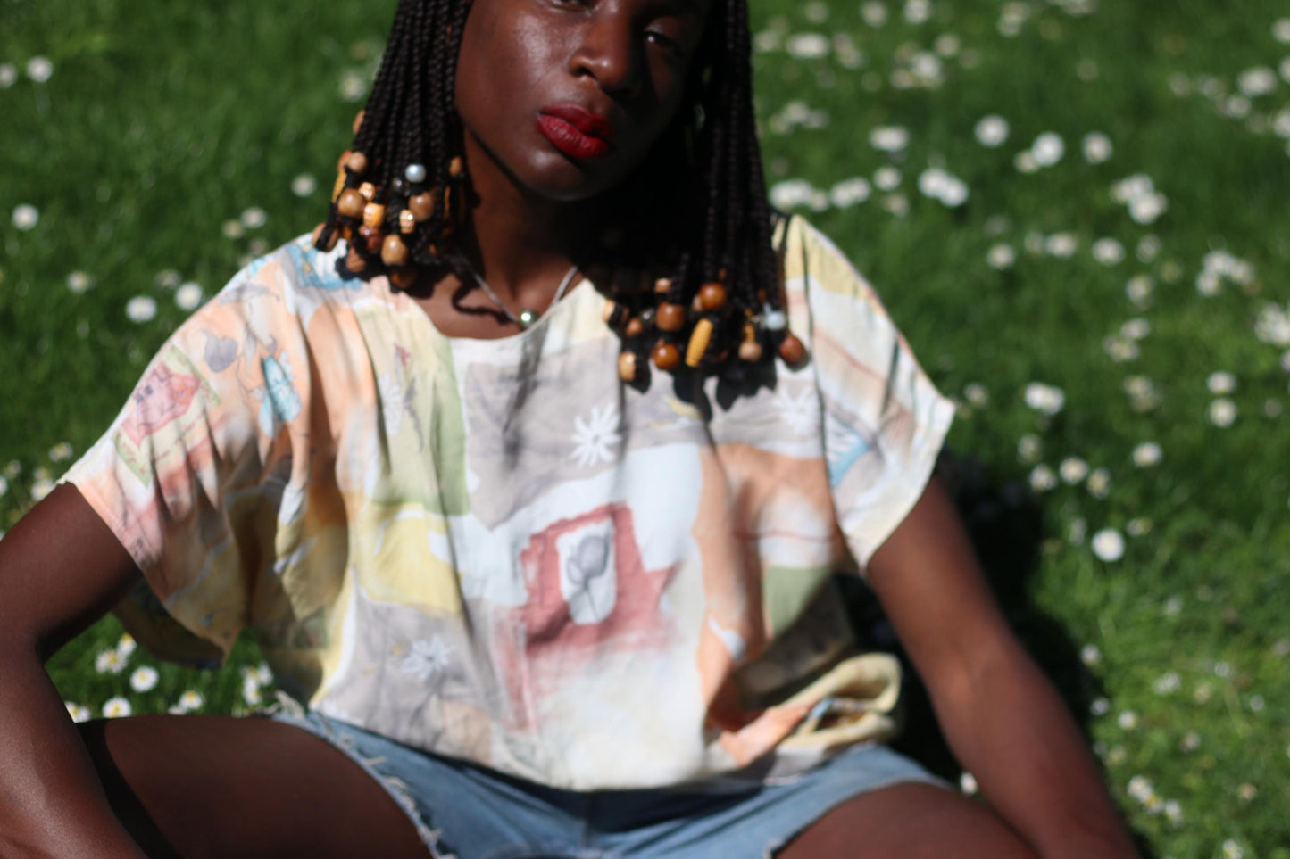 Vintage Pastel Abstract Print Blouse: 80s/90s Retro Button-Up (S-M)