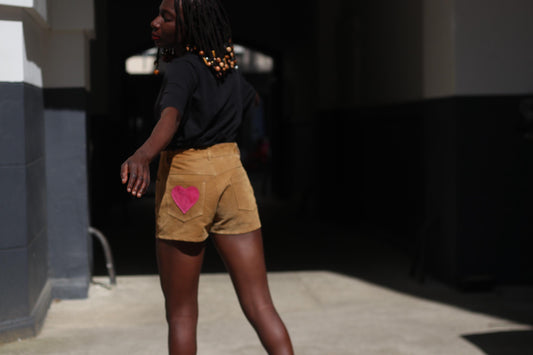 Vintage 70s Suede Shorts: High-Waisted Brown Leather with Heart Patchwork