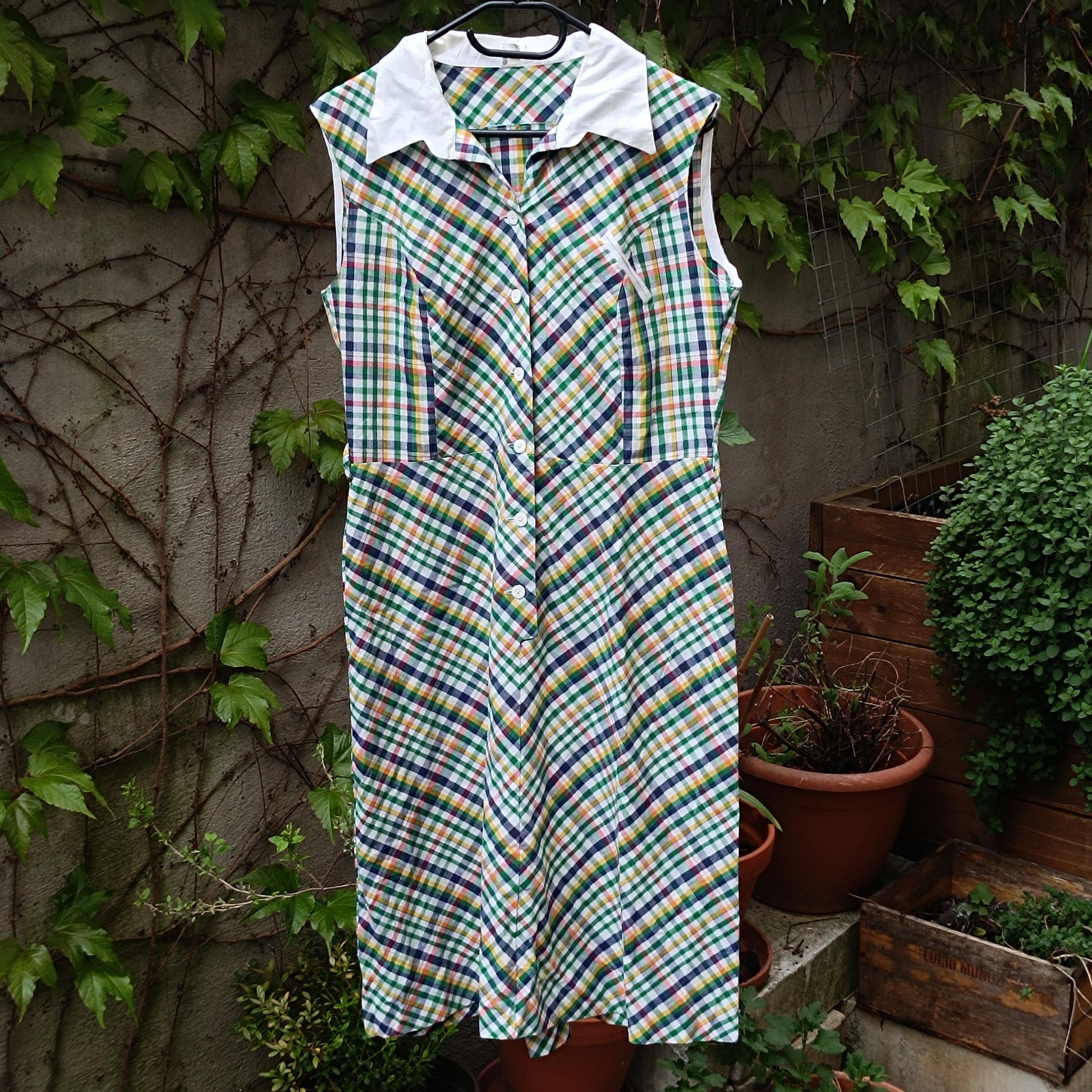 90s Vintage Plaid Cotton Dress: Sleeveless Midi Summer Dress