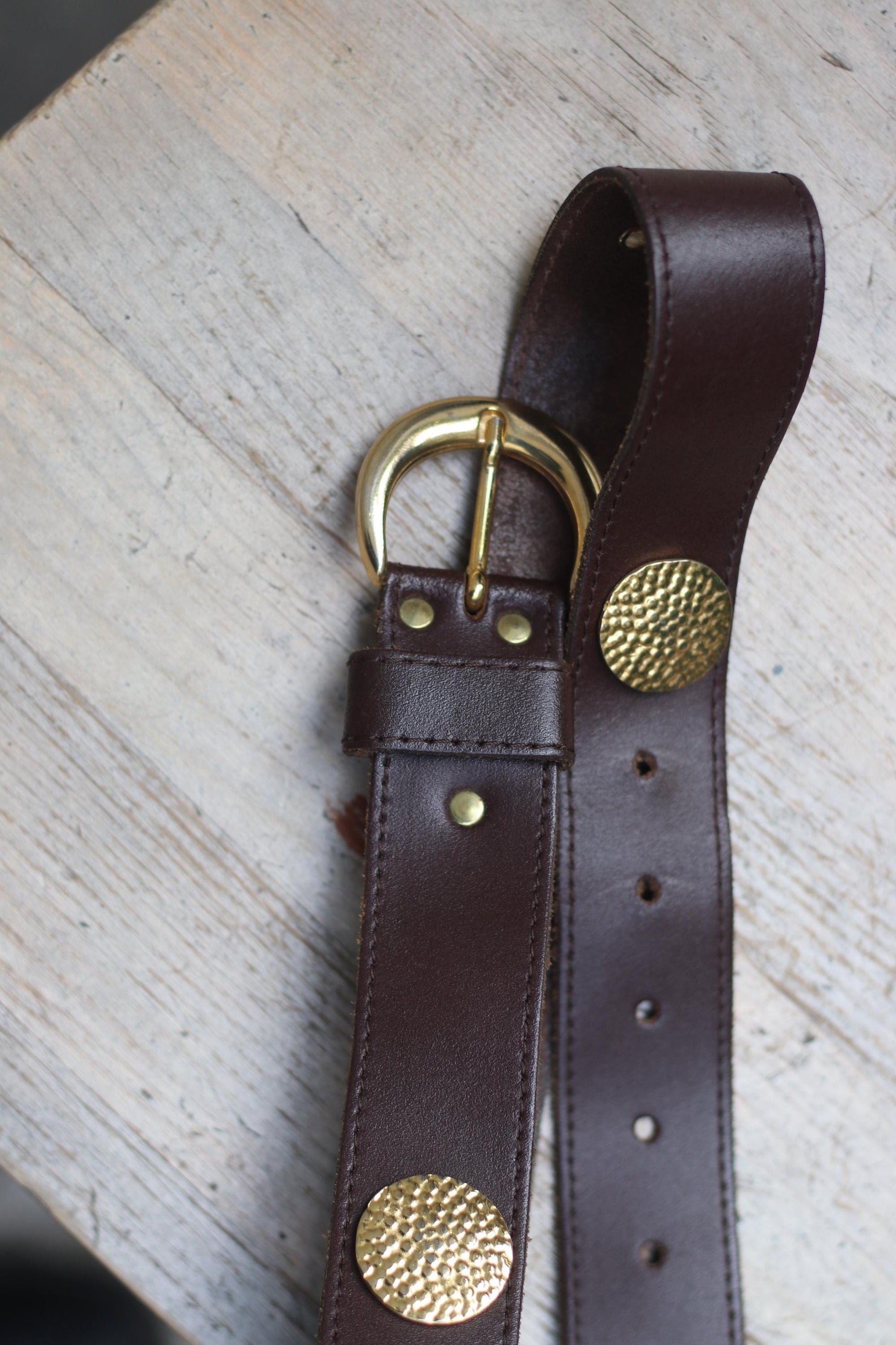 Vintage Western Leather Belt | Wide Brown Cowgirl Belt with Hammered Brass Accents & Gold Buckle | Retro Rodeo Statement Belt