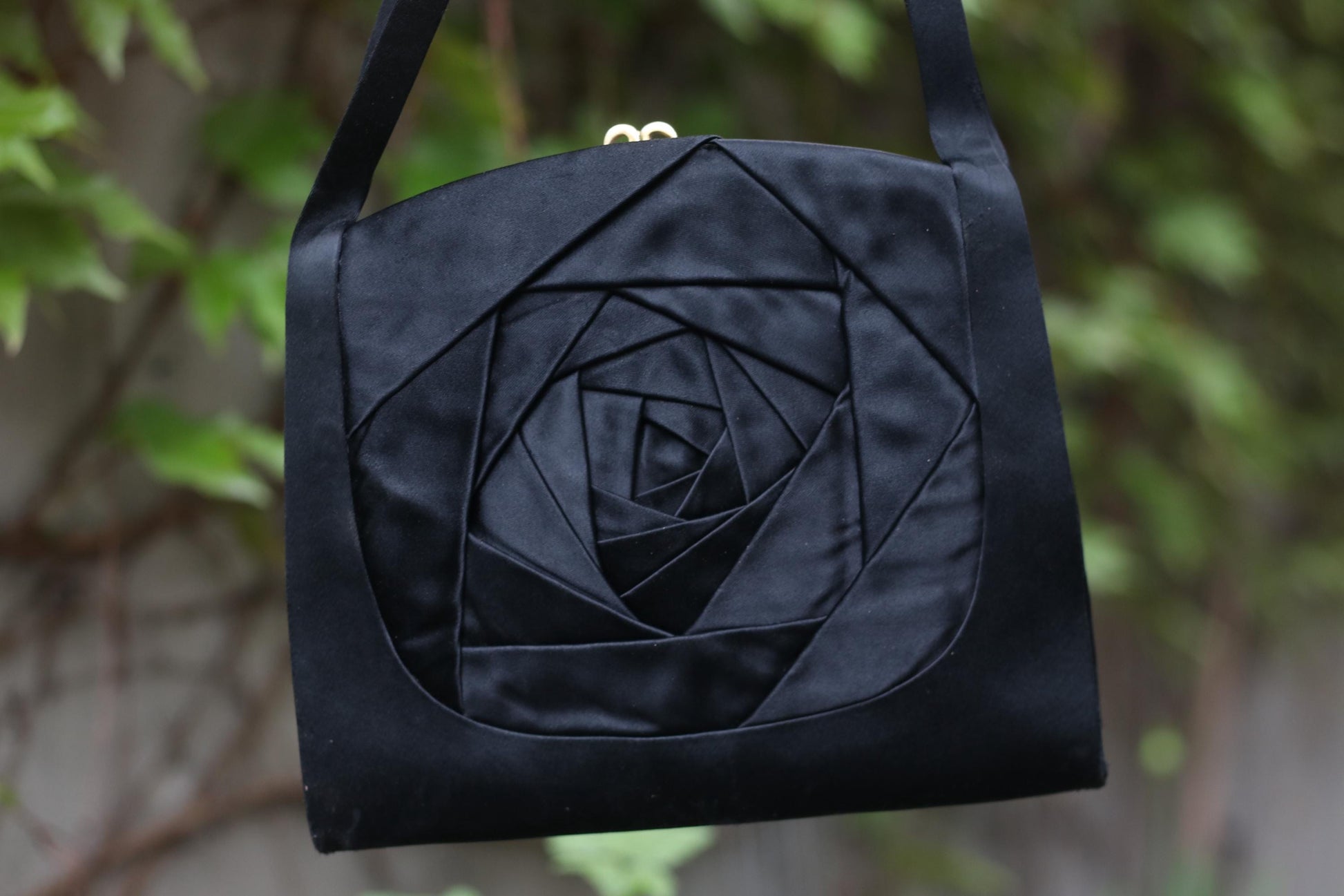 Vintage Black Avant-Garde Rose Bag | Handmade Origami Satin Shoulder Bag | Unique Evening Purse | Geometric Floral Design