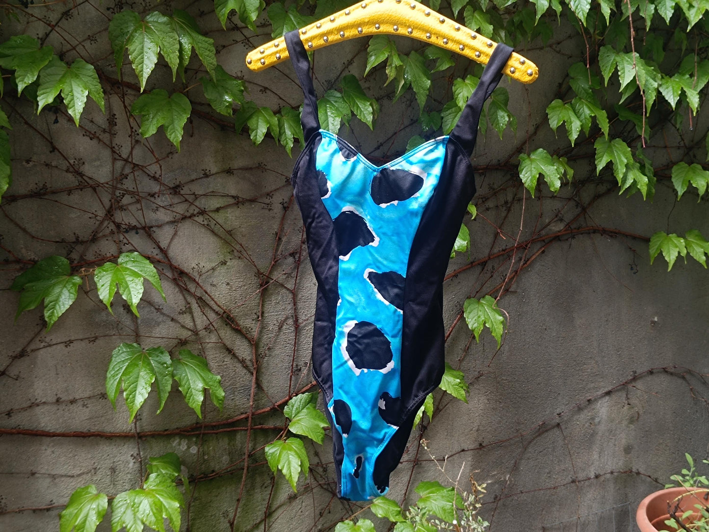 80s Vintage One Piece Swimsuit: Blue Abstract Print Beachwear