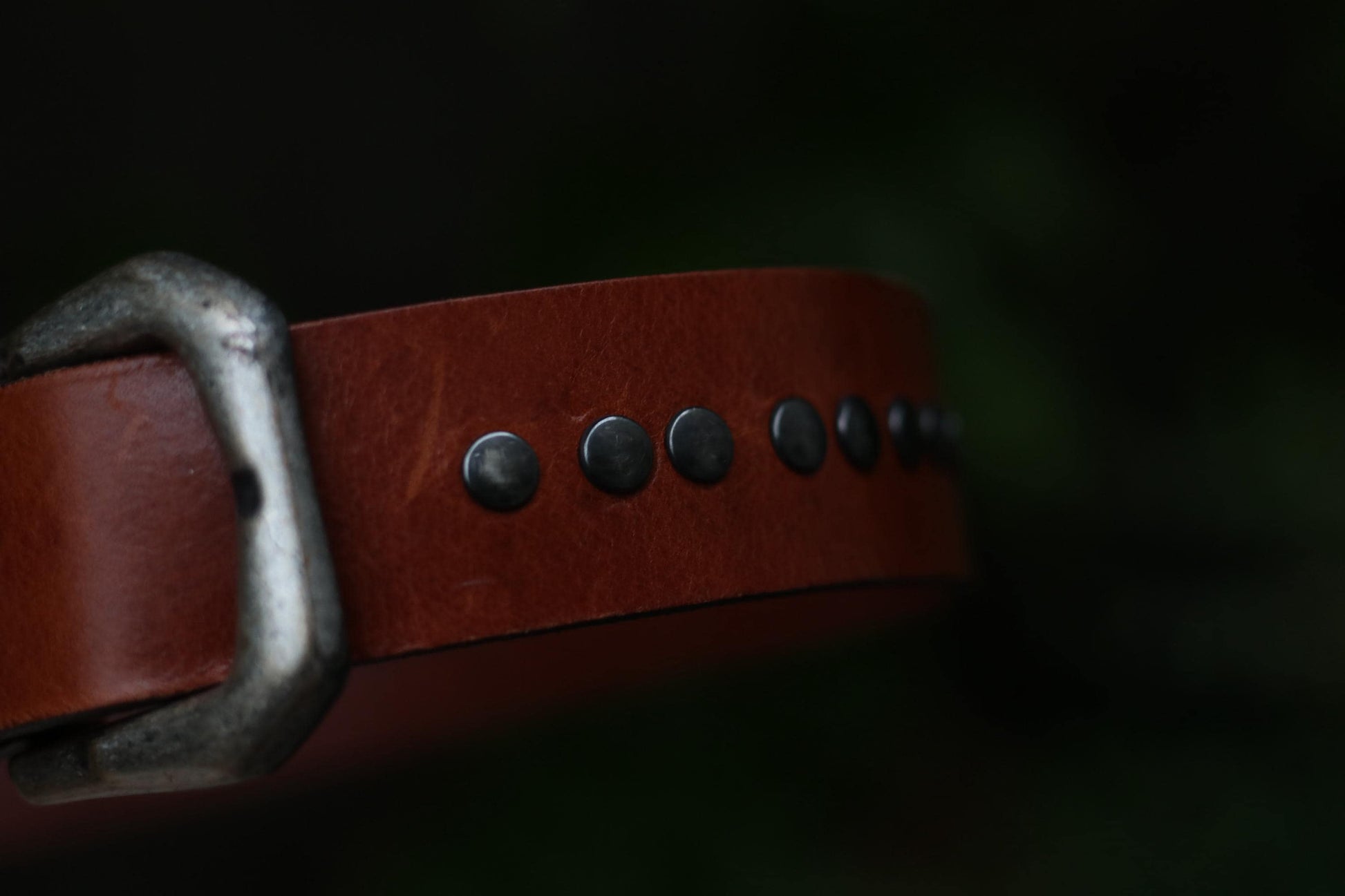 Close-up of the rows of metal studs  on a vintage brown western belt