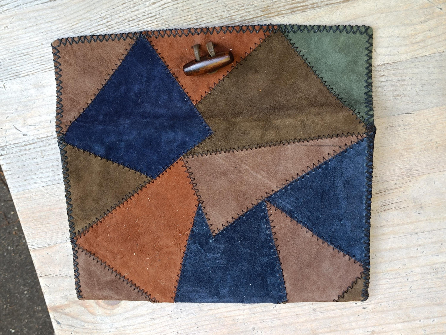 70s Vintage Suede Patchwork Clutch: Handmade Boho Mini Bag