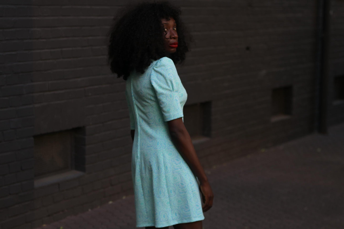Vintage 70s Handmade Mini Dress in Blue with shorts sleeves Paisley print.