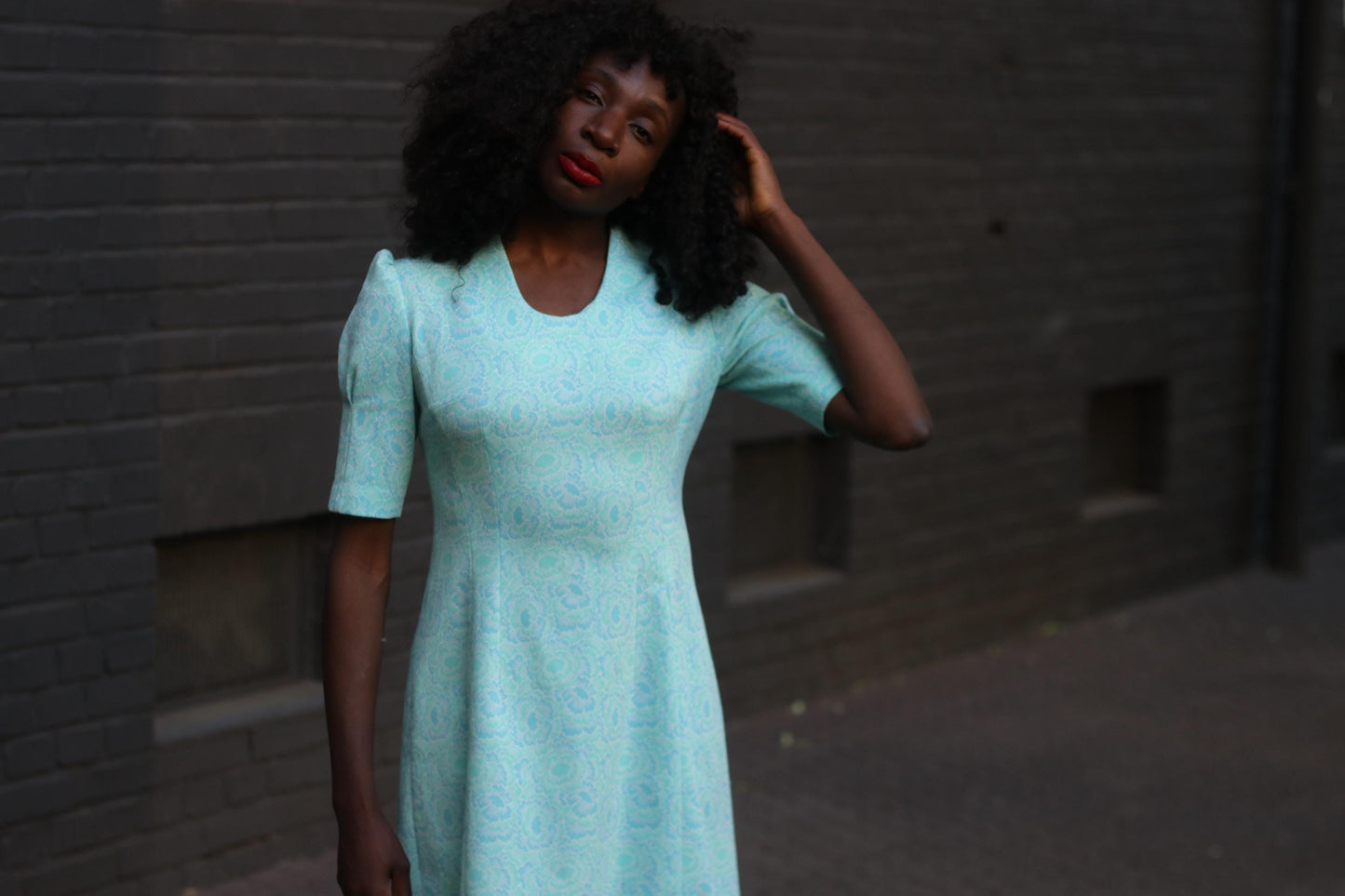 Vintage 70s Handmade Mini Dress in Blue with shorts sleeves Paisley print.