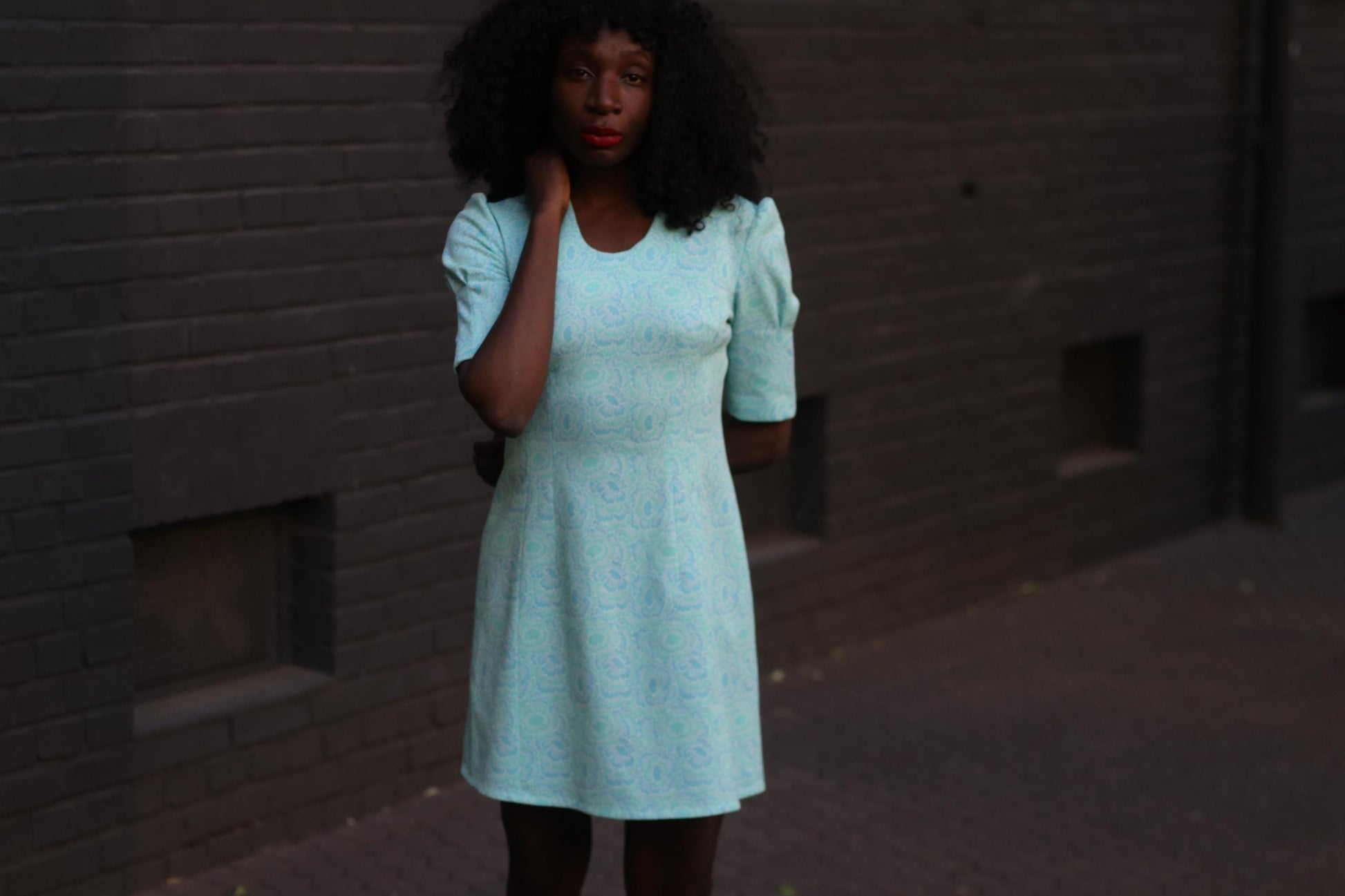 Vintage 70s Handmade Mini Dress in Blue with shorts sleeves Paisley print.