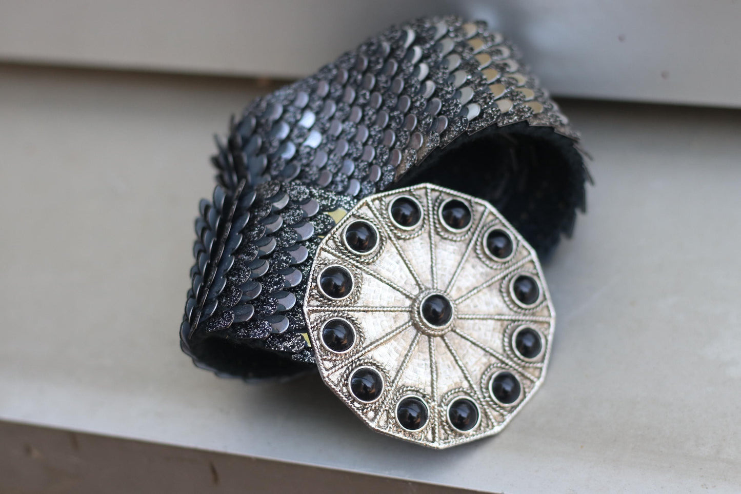 Vintage Metallic 80s Waist Belt with Black Stone Buckle | Statement Reflective Scale Texture | Disco Glam Party Accessory