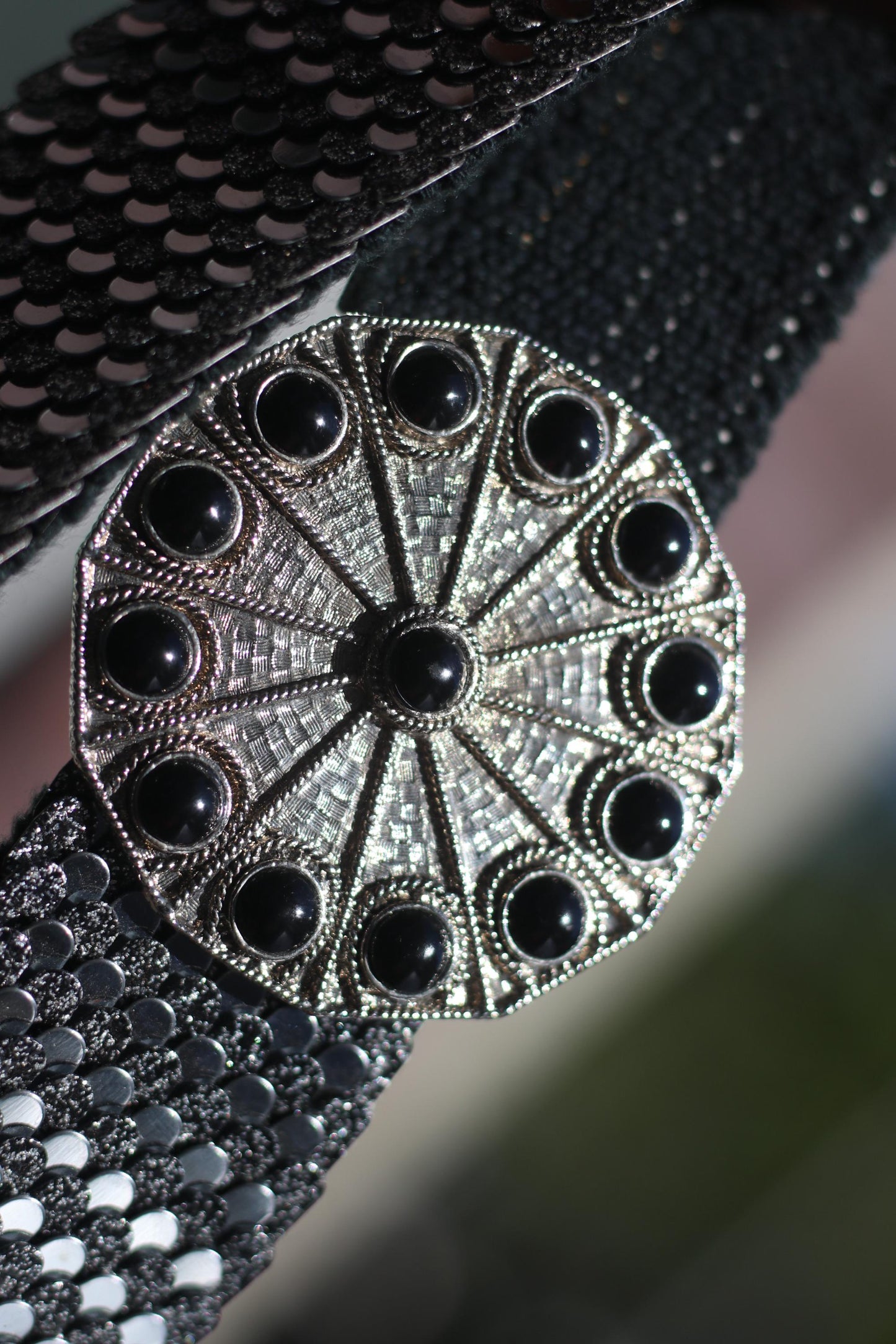 Vintage Metallic 80s Waist Belt with Black Stone Buckle | Statement Reflective Scale Texture | Disco Glam Party Accessory