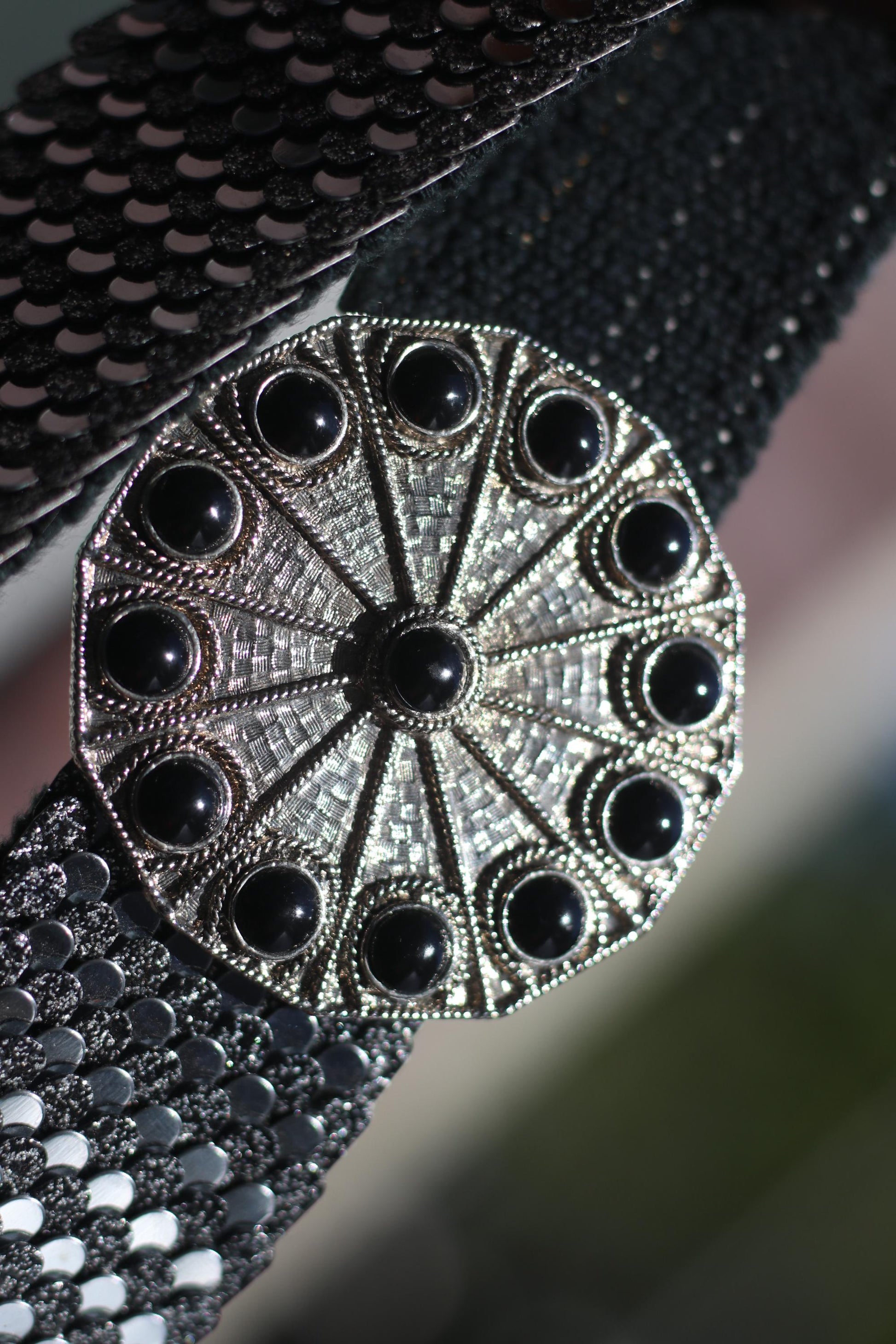 Vintage Metallic 80s Waist Belt with Black Stone Buckle | Statement Reflective Scale Texture | Disco Glam Party Accessory