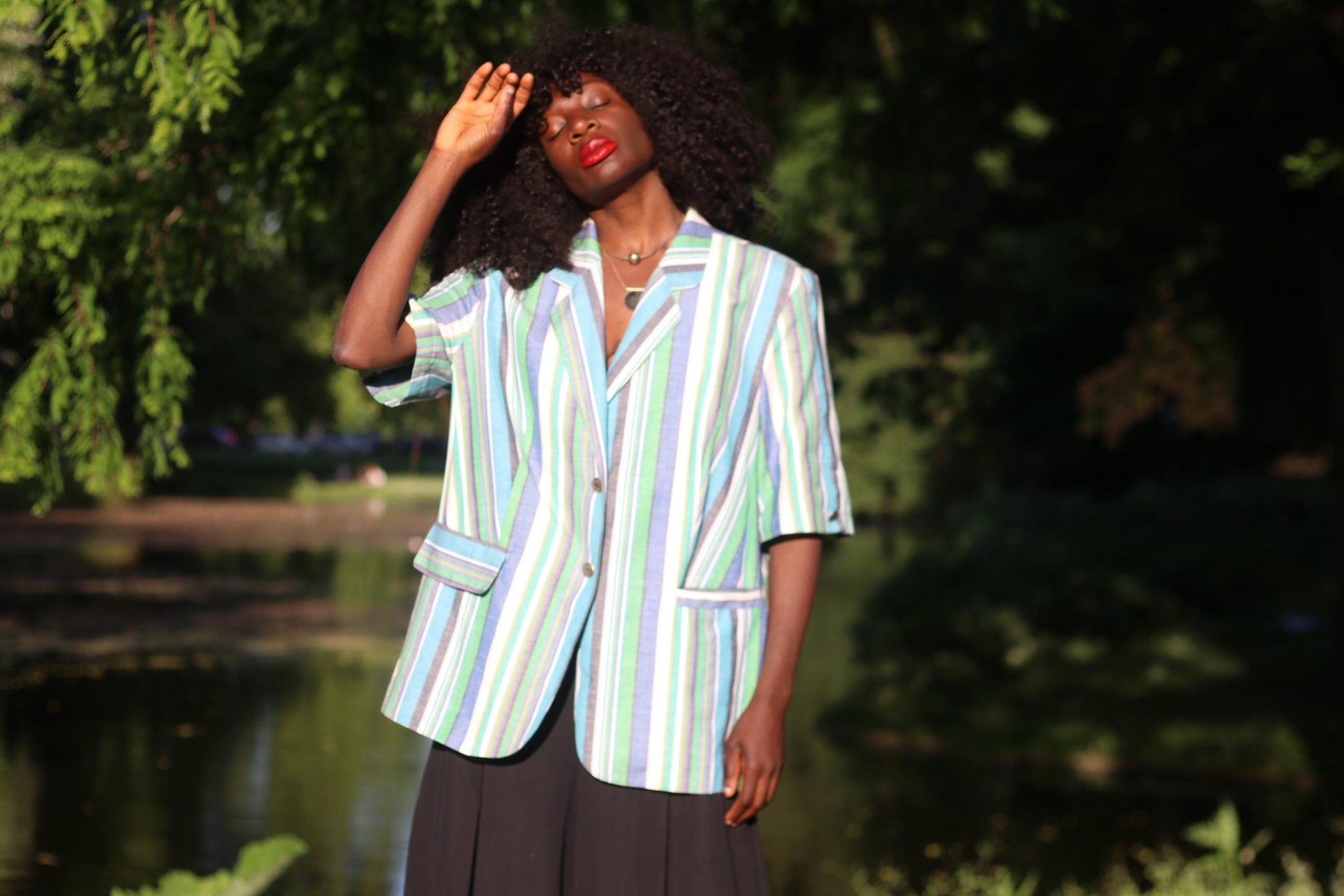 Vintage Striped Short Sleeve Blazer Pastel Blue Green Summer Jacket Oversized 80s
