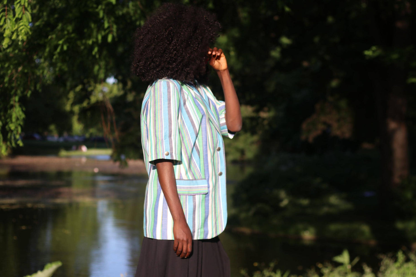 Vintage Striped Short Sleeve Blazer Pastel Blue Green Summer Jacket Oversized 80s