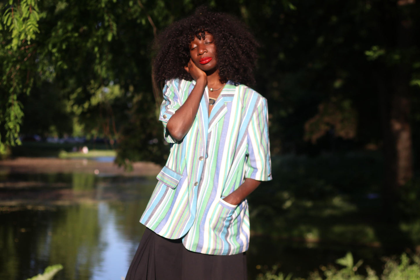 Vintage Striped Short Sleeve Blazer Pastel Blue Green Summer Jacket Oversized 80s