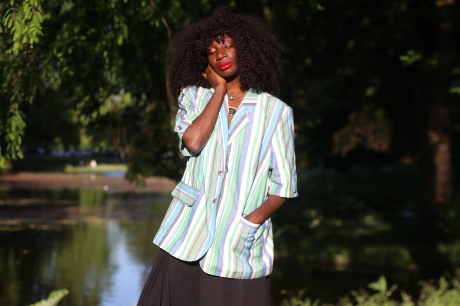 Vintage Striped Short Sleeve Blazer Pastel Blue Green Summer Jacket Oversized 80s