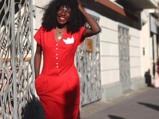 Vintage red drop waist dress | 80s French chic dress with handkerchief detail and pleats