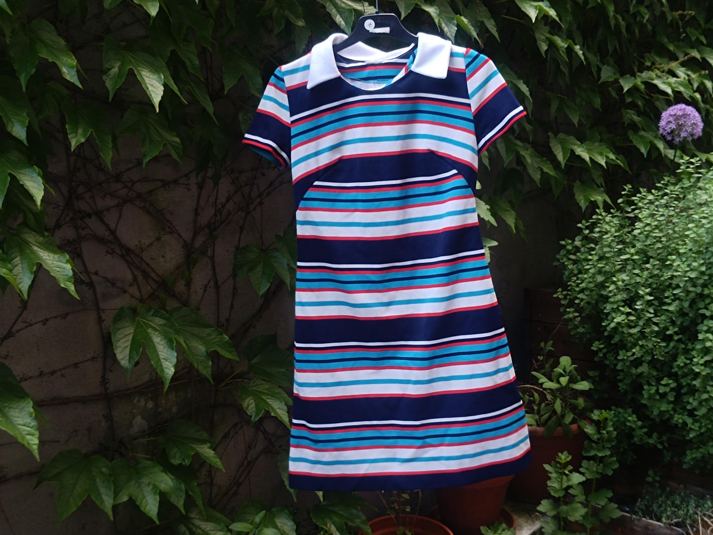 70s Handmade striped dress with statement collar | Vintage Mini Dress with statement stripes