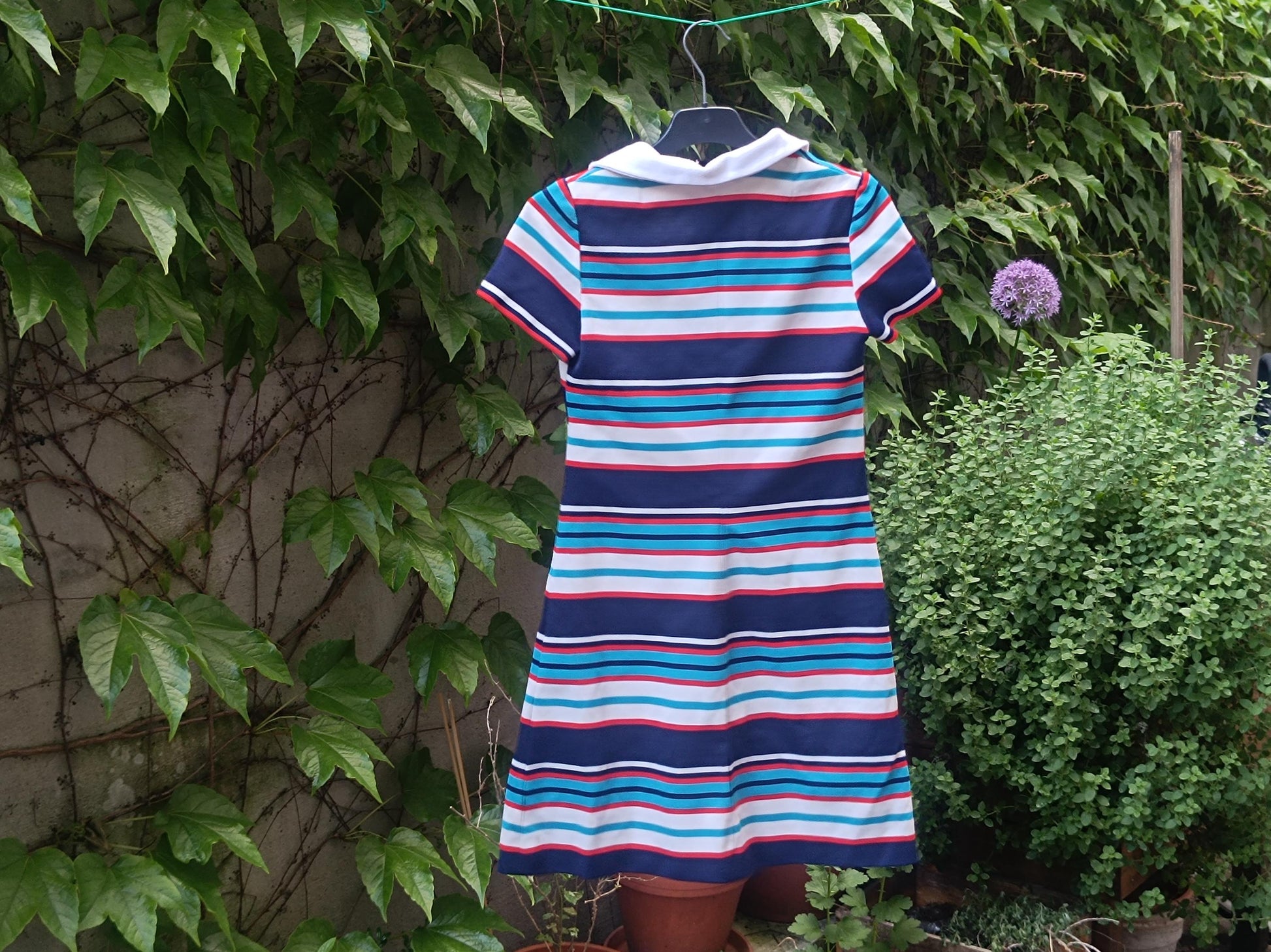 70s Handmade striped dress with statement collar | Vintage Mini Dress with statement stripes