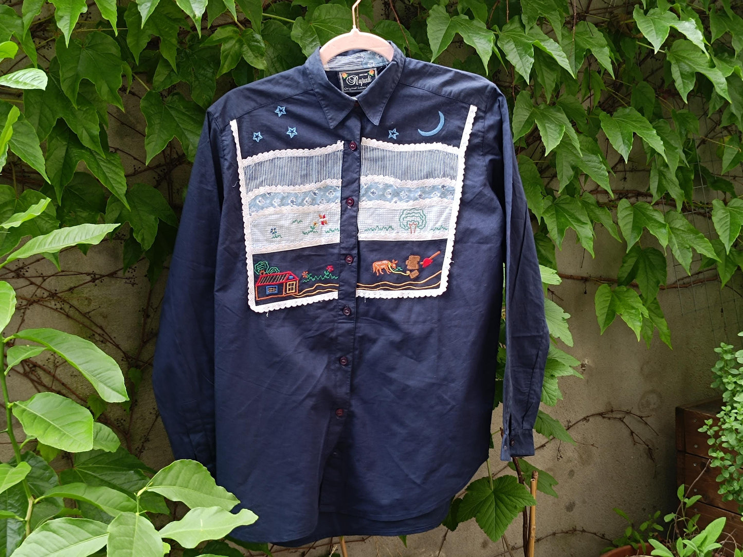 Vintage 90s Blouse With Hand-Embroidered Boho Blouse| Summer Folk Art Button-Up Shirt Western Style Shirt XS