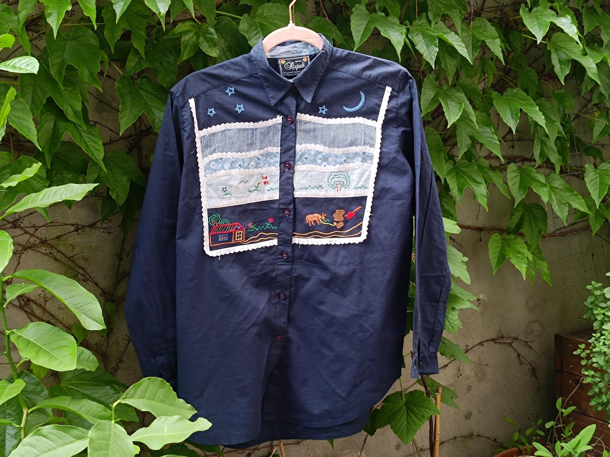 Vintage 90s Blouse With Hand-Embroidered Boho Blouse| Summer Folk Art Button-Up Shirt Western Style Shirt XS