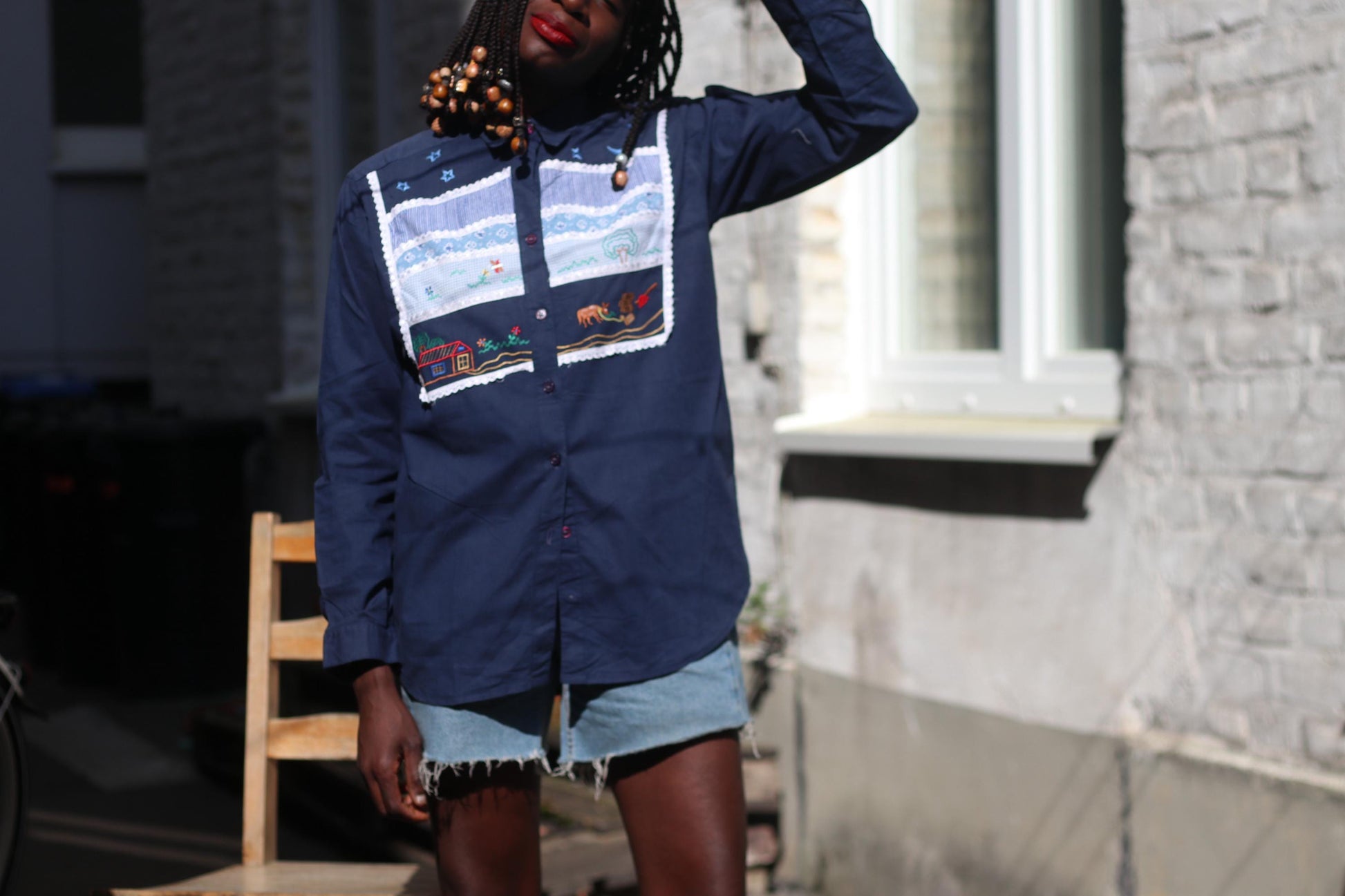 Vintage 90s Blouse With Hand-Embroidered Boho Blouse| Summer Folk Art Button-Up Shirt Western Style Shirt XS