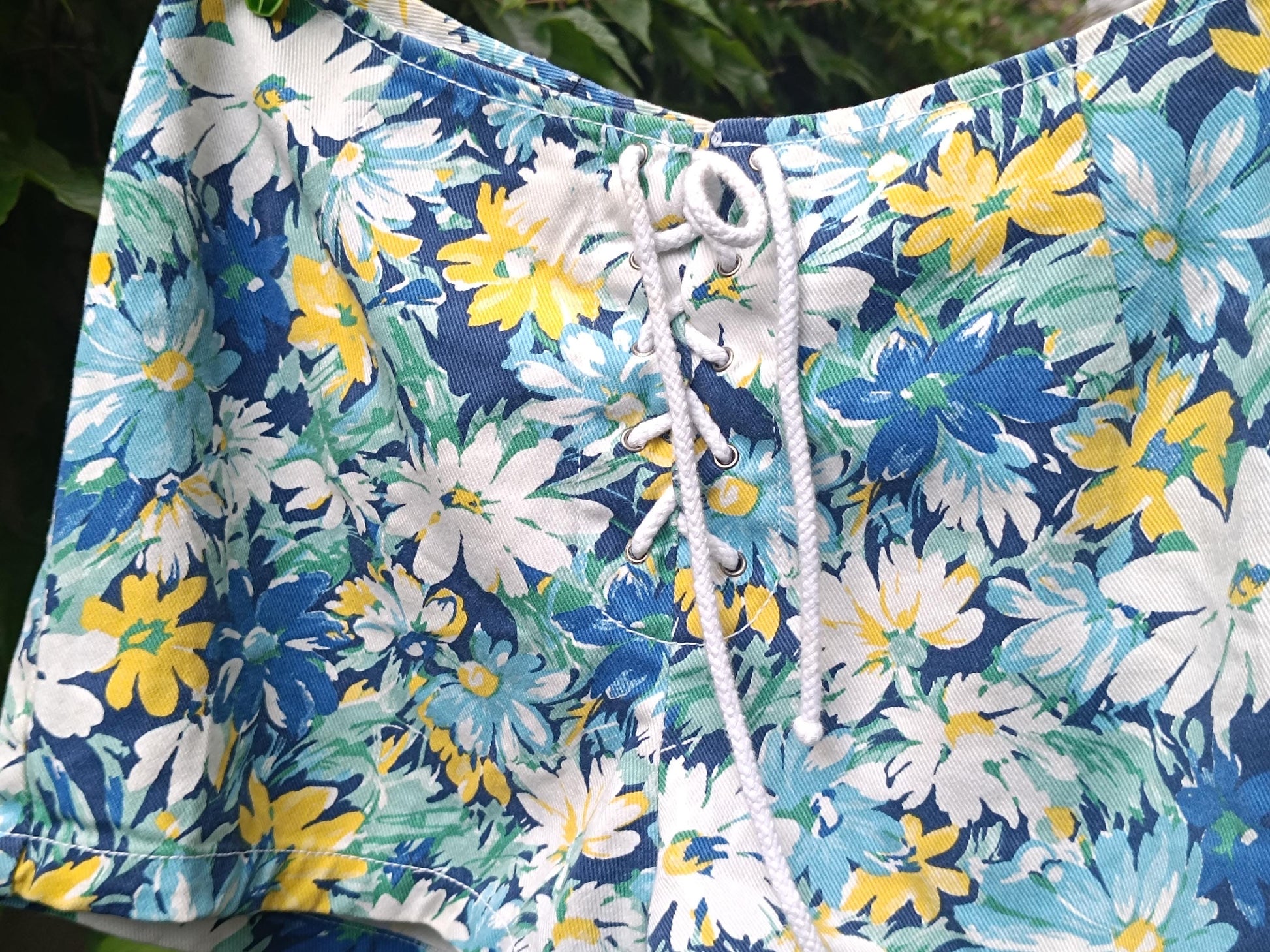 Vintage 90s Floral Shorts | High Waist Cotton Summer Shorts | Drawstring Waist | Blue Yellow Flower Print