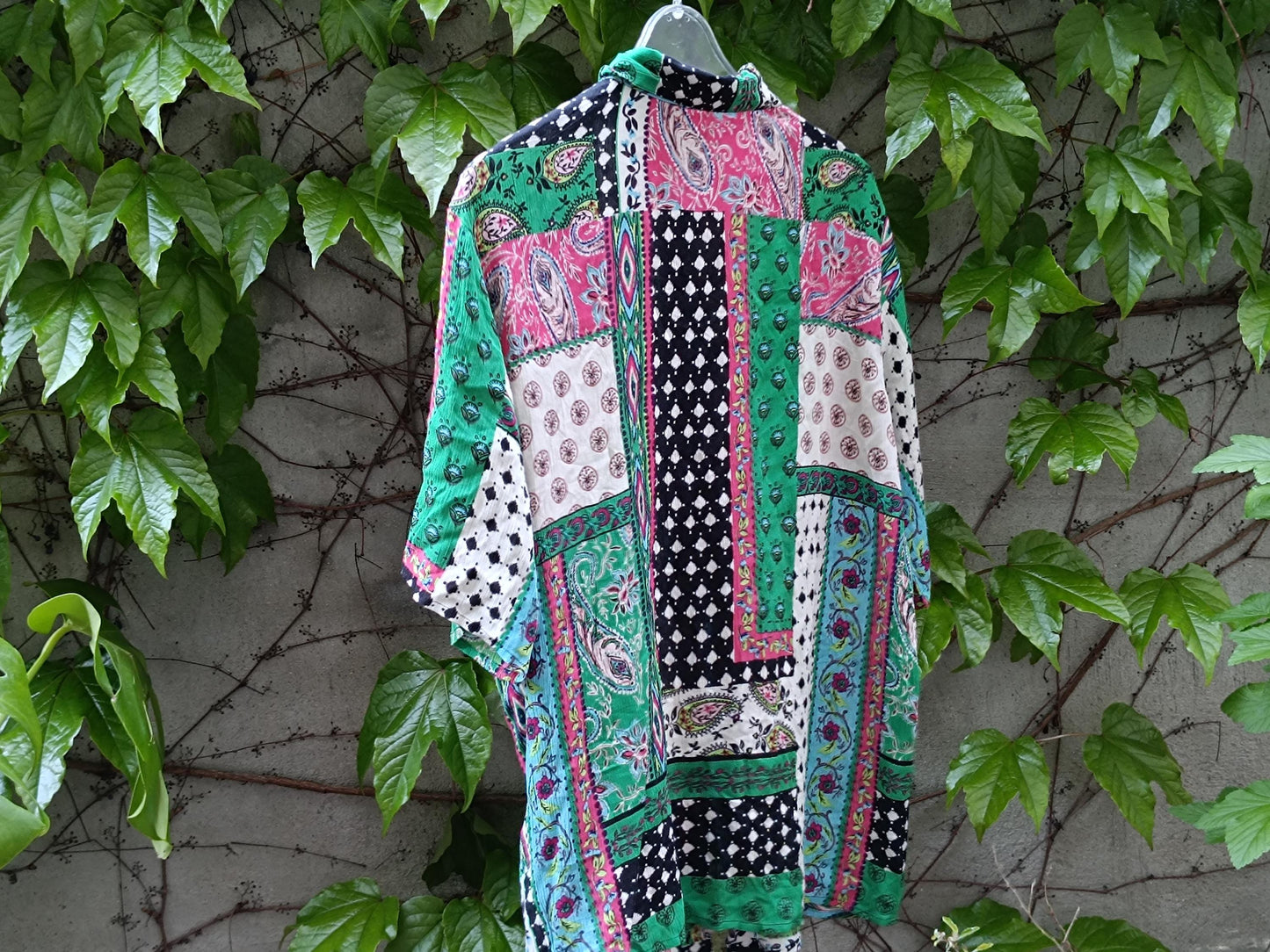 Vintage 90s Handmade Patchwork Shirt| Boho Festival Button Up| Retro Mixed Print Short Sleeve Loose Fit, One-of-a Kind