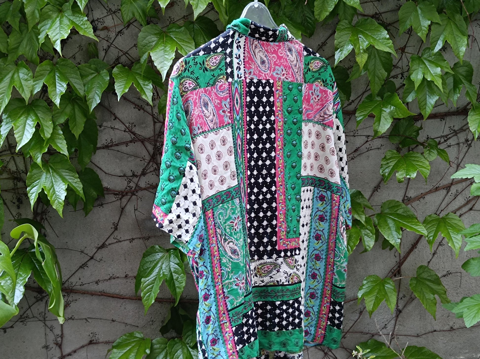 Vintage 90s Handmade Patchwork Shirt| Boho Festival Button Up| Retro Mixed Print Short Sleeve Loose Fit, One-of-a Kind