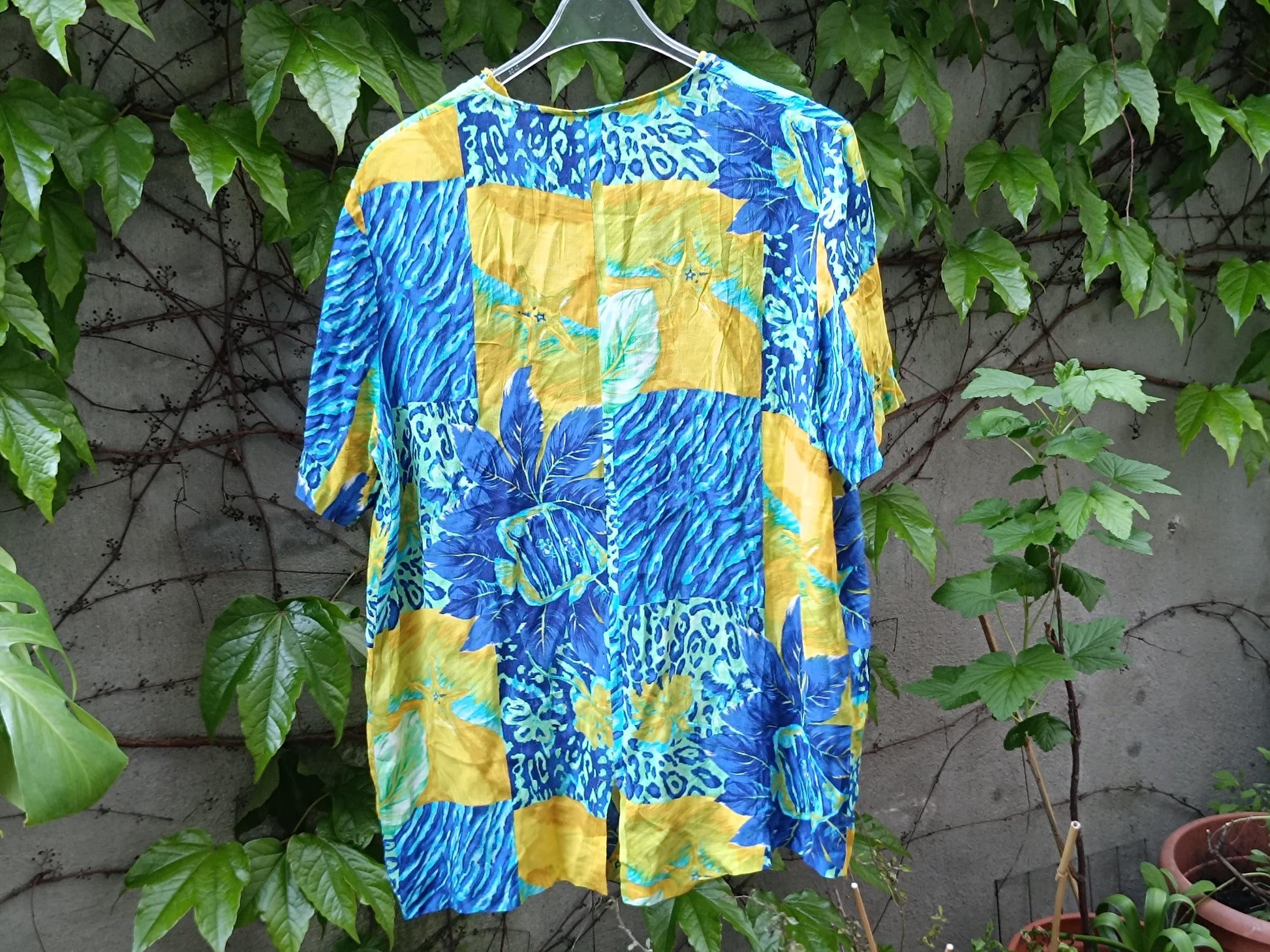 Vintage Christine Laure Paris Blouse| Bold Tropical Print, Bright Blue and Yellow, Short Sleeve Button-Up, 90s Resortwear, M/L