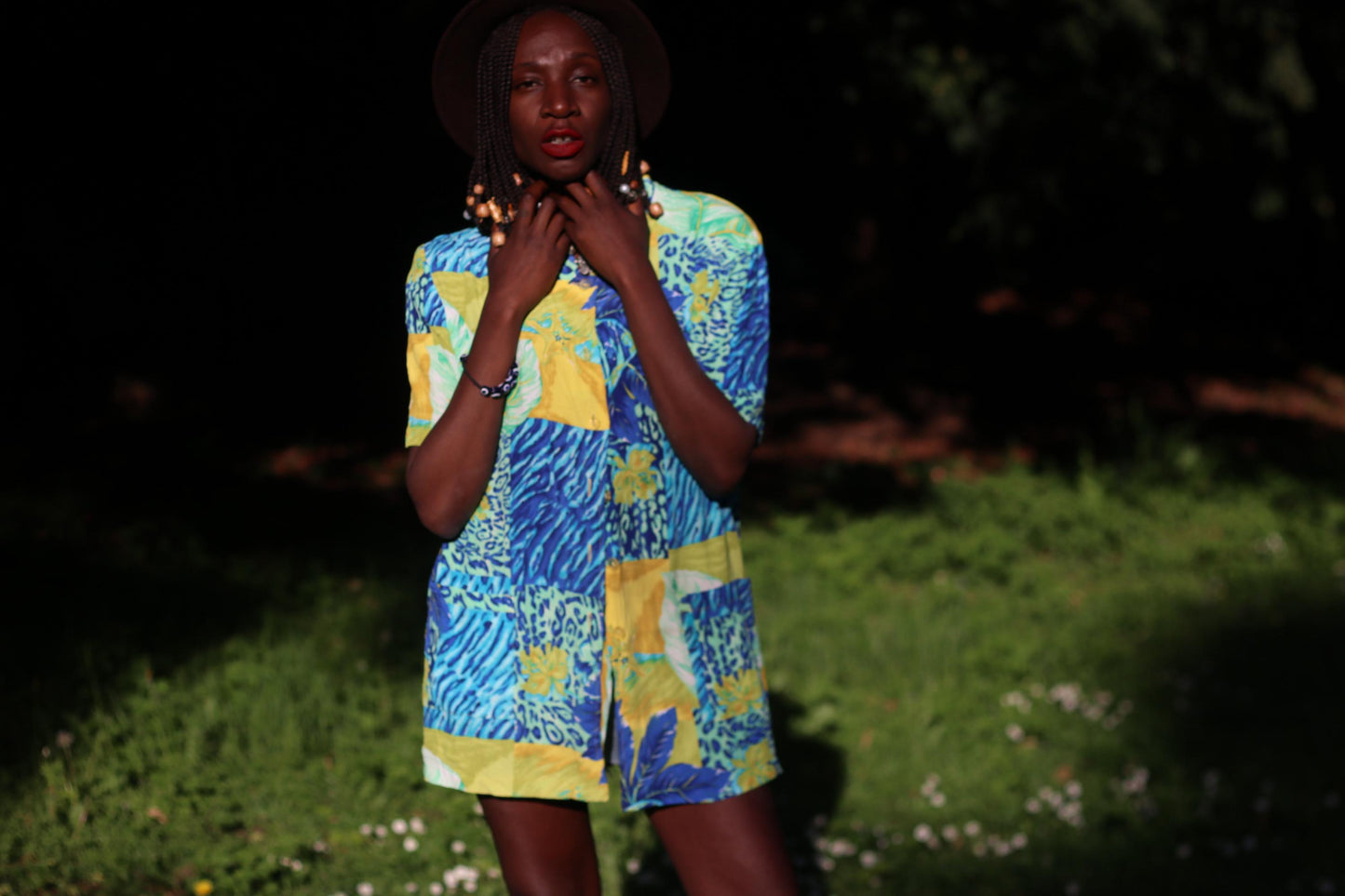 Vintage Christine Laure Paris Blouse| Bold Tropical Print, Bright Blue and Yellow, Short Sleeve Button-Up, 90s Resortwear, M/L