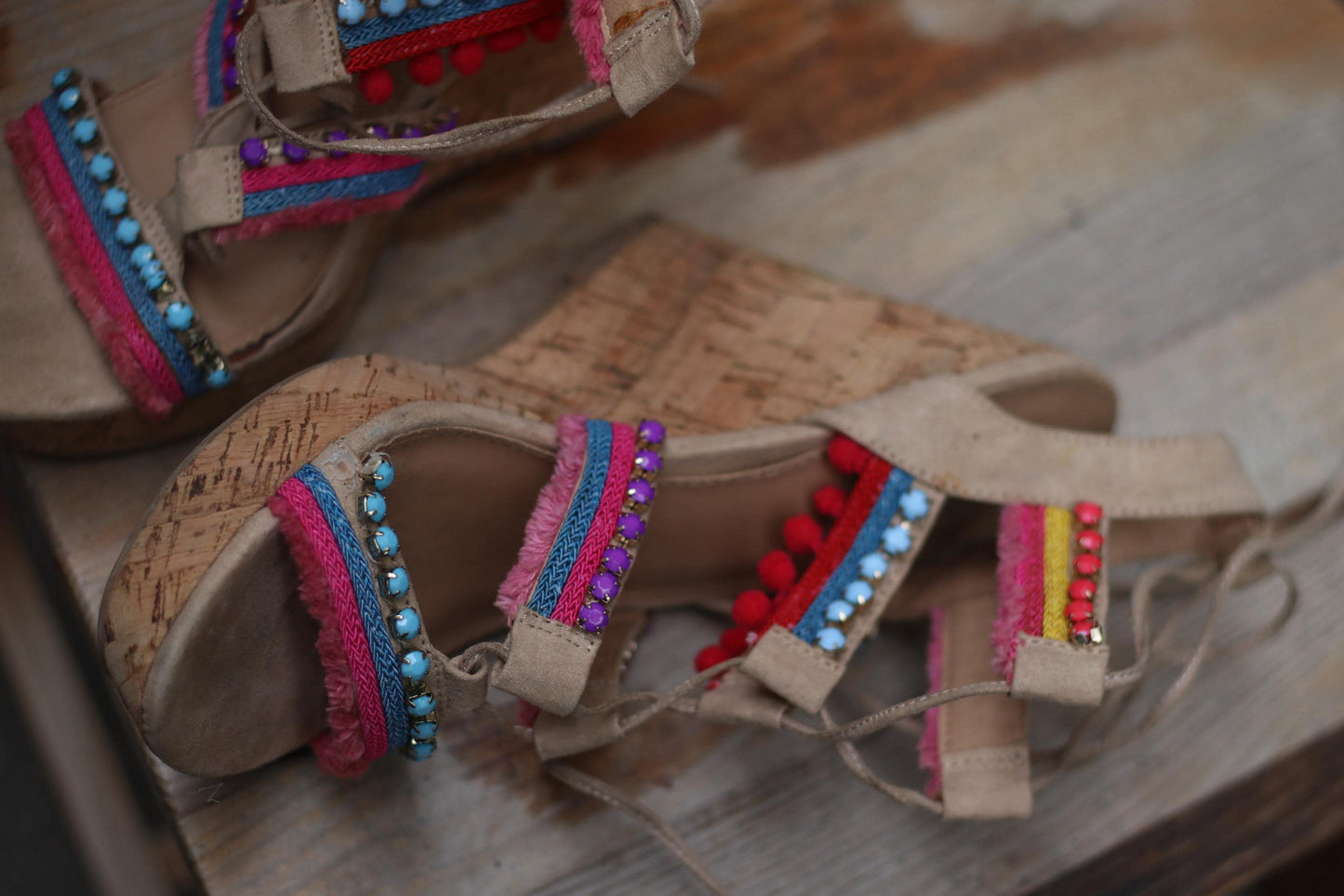 Y2K Steve Madden Wedges | Vintage Embellished Cork Platform Sandals| Boho Festival Shoes | Colorful Strappy Heels | 2000s Statement Footwear