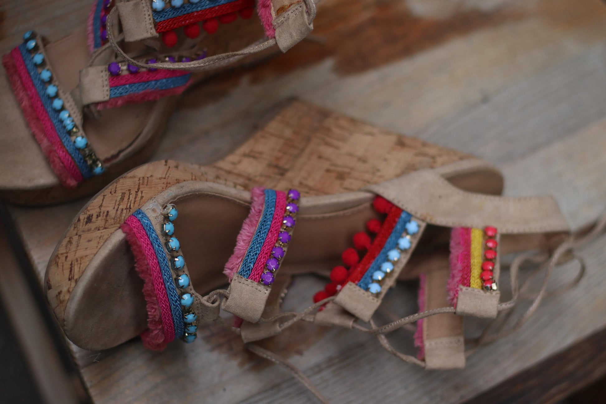 Y2K Steve Madden Wedges | Vintage Embellished Cork Platform Sandals| Boho Festival Shoes | Colorful Strappy Heels | 2000s Statement Footwear