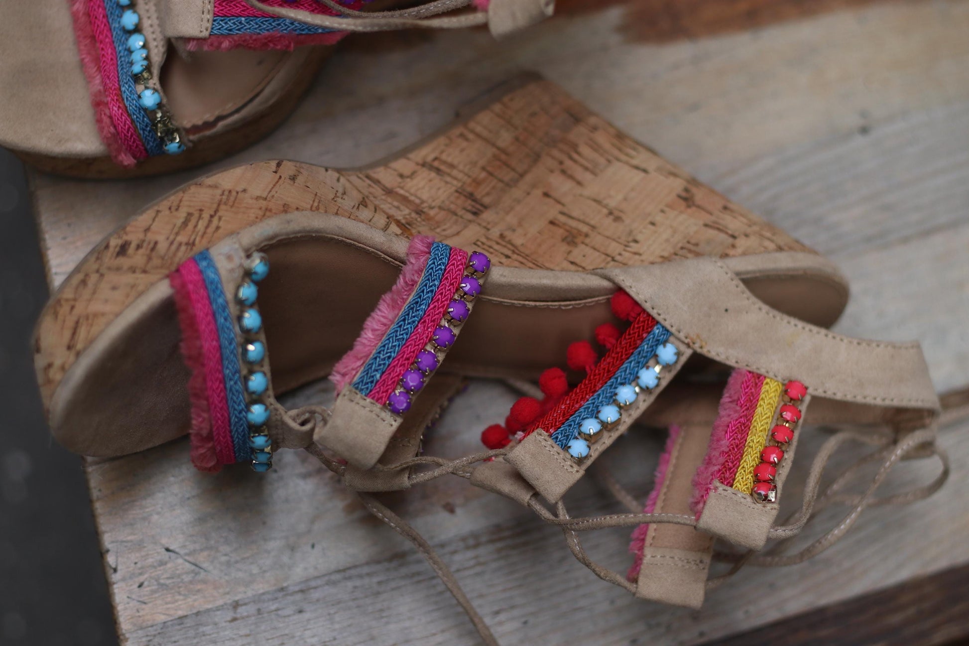 Y2K Steve Madden Wedges | Vintage Embellished Cork Platform Sandals| Boho Festival Shoes | Colorful Strappy Heels | 2000s Statement Footwear
