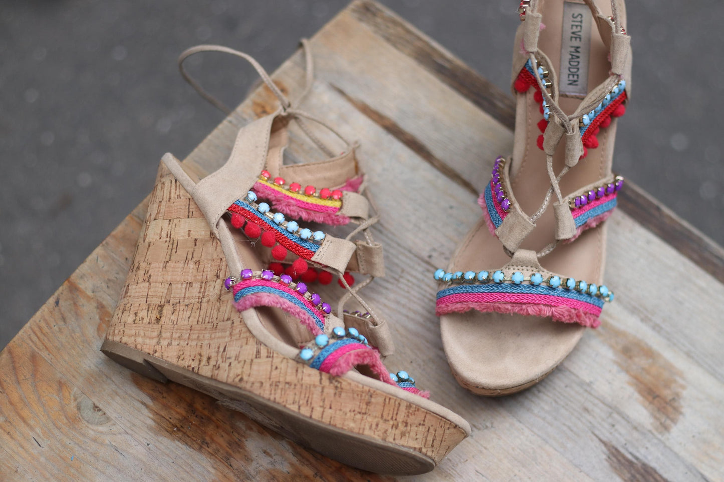 Y2K Steve Madden Wedges | Vintage Embellished Cork Platform Sandals| Boho Festival Shoes | Colorful Strappy Heels | 2000s Statement Footwear