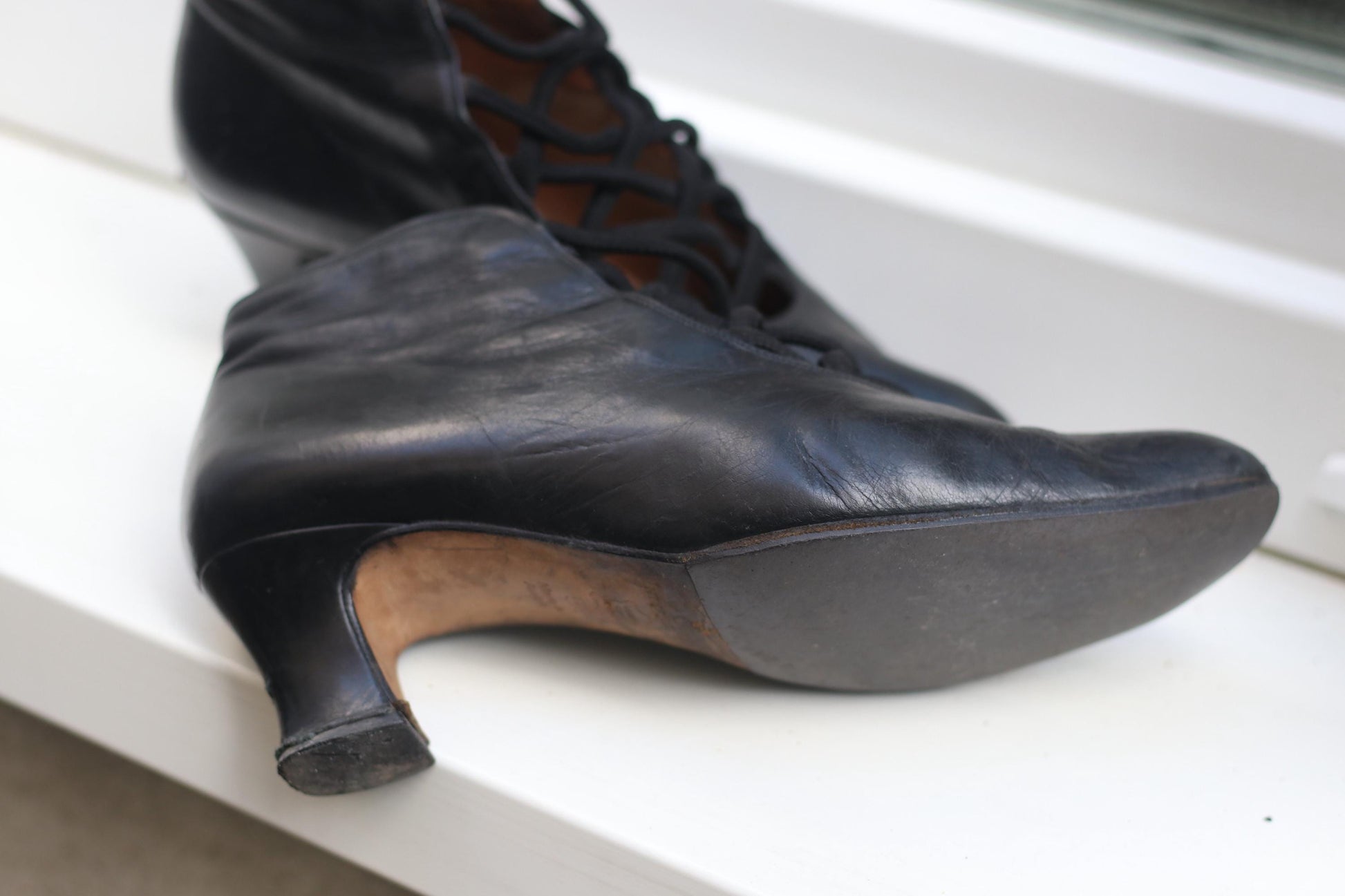 Victorian Style Leather Shoe Boots | Black Criss Cross Heels | Vintage 90s Gabor Shoes UK 5.5