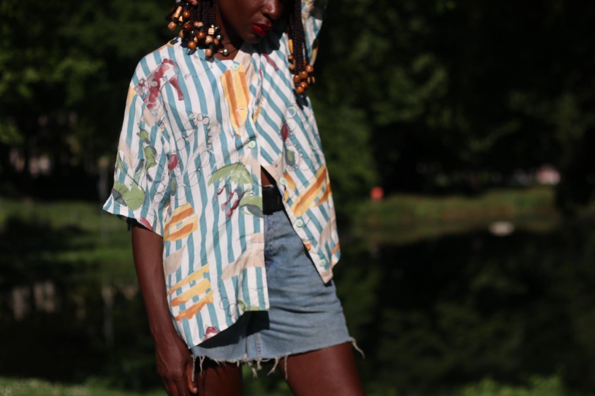 Vintage 80s Abstract Blouse| Teal & Orange Statement Shirt| Short Sleeve Button-Up – Retro Striped Print |M/L