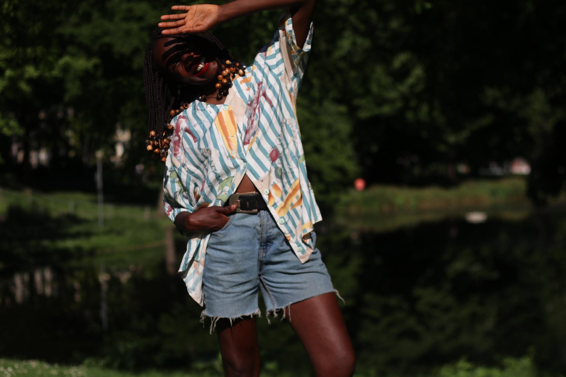 Vintage 80s Abstract Blouse| Teal & Orange Statement Shirt| Short Sleeve Button-Up – Retro Striped Print |M/L