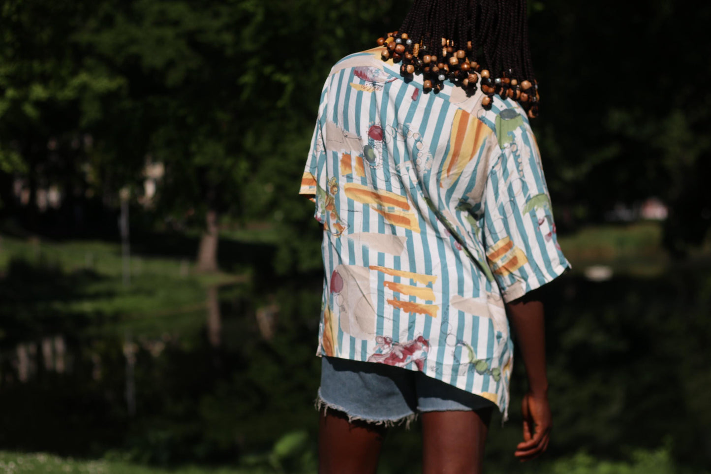 Vintage 80s Abstract Blouse| Teal & Orange Statement Shirt| Short Sleeve Button-Up – Retro Striped Print |M/L