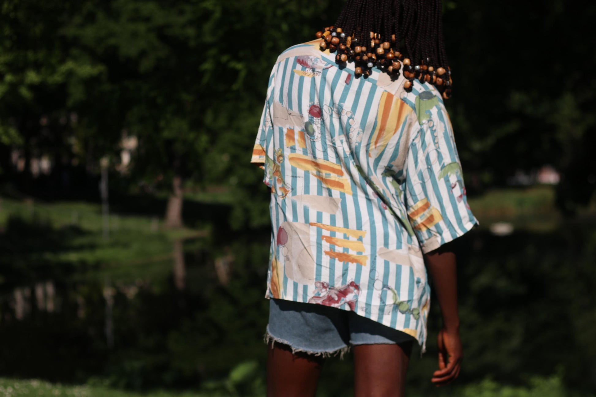 Vintage 80s Abstract Blouse| Teal & Orange Statement Shirt| Short Sleeve Button-Up – Retro Striped Print |M/L