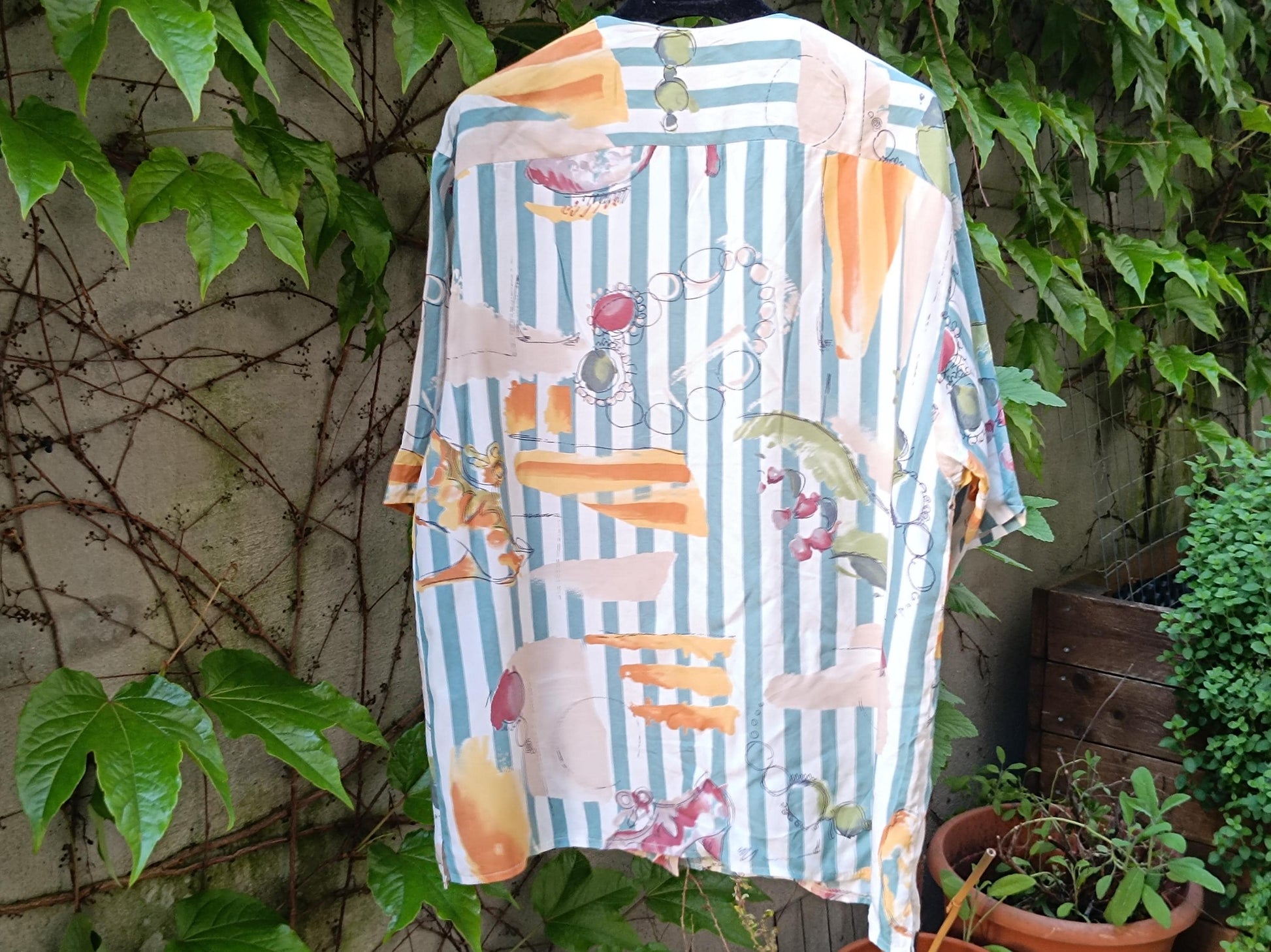 Vintage 80s Abstract Blouse| Teal & Orange Statement Shirt| Short Sleeve Button-Up – Retro Striped Print |M/L