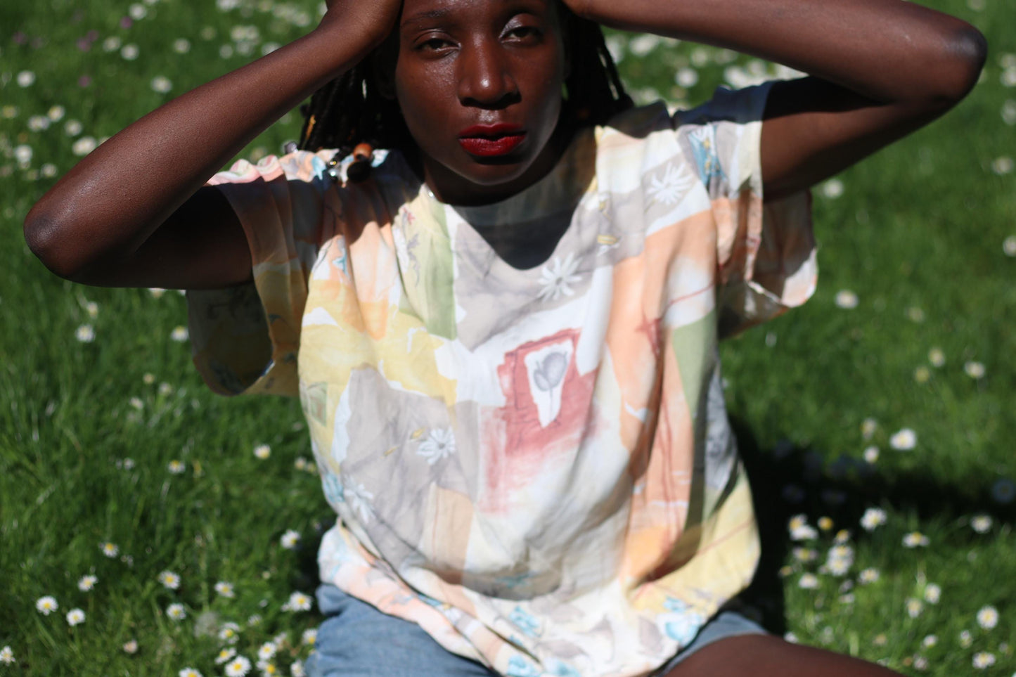 Vintage Pastel Abstract Print Blouse: 80s/90s Retro Button-Up (S-M)