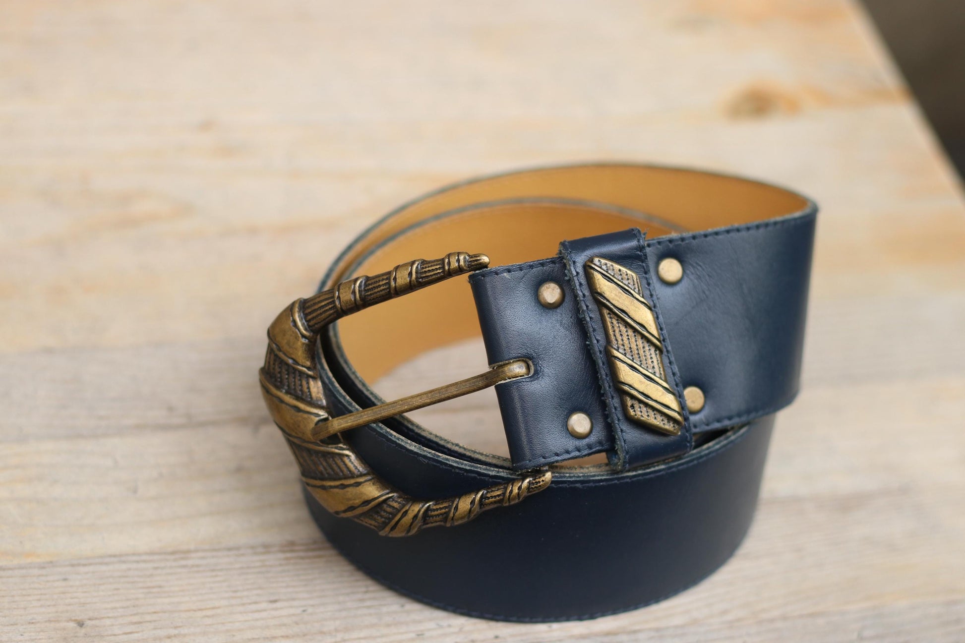 Vintage Leather Belt with Ornate Gold Buckle | Blue Wide Waist Cinch Belt | Retro Statement Accessory