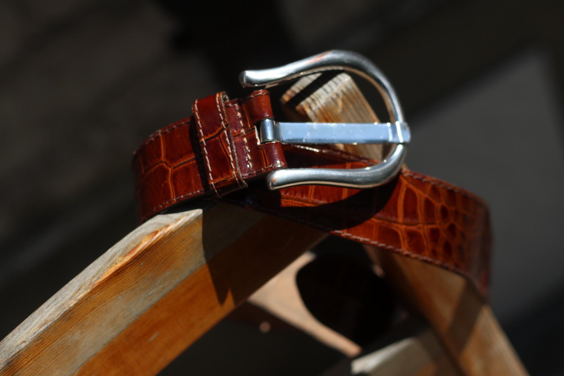 Vintage Croc-Embossed Cognac Leather Belt |