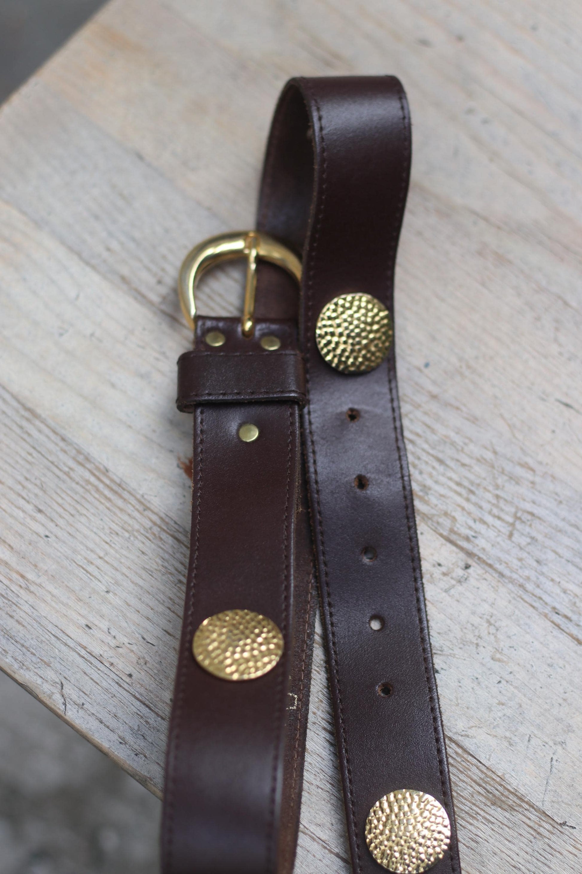 Vintage Western Leather Belt | Wide Brown Cowgirl Belt with Hammered Brass Accents & Gold Buckle | Retro Rodeo Statement Belt