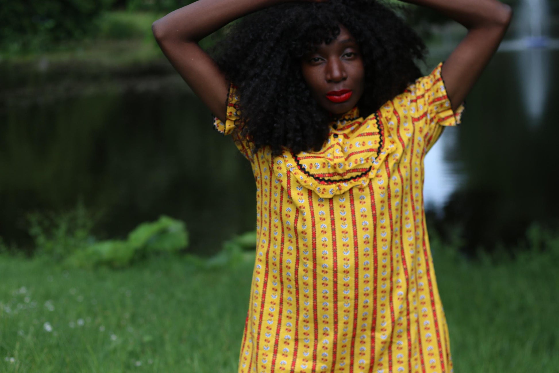 Vintage 70s Prairie Dress – Yellow Floral Stripe Ruffle Collar Dress, Cottagecore Picnic Dress, Puff Sleeve Summer Midi, Boho Folk Style