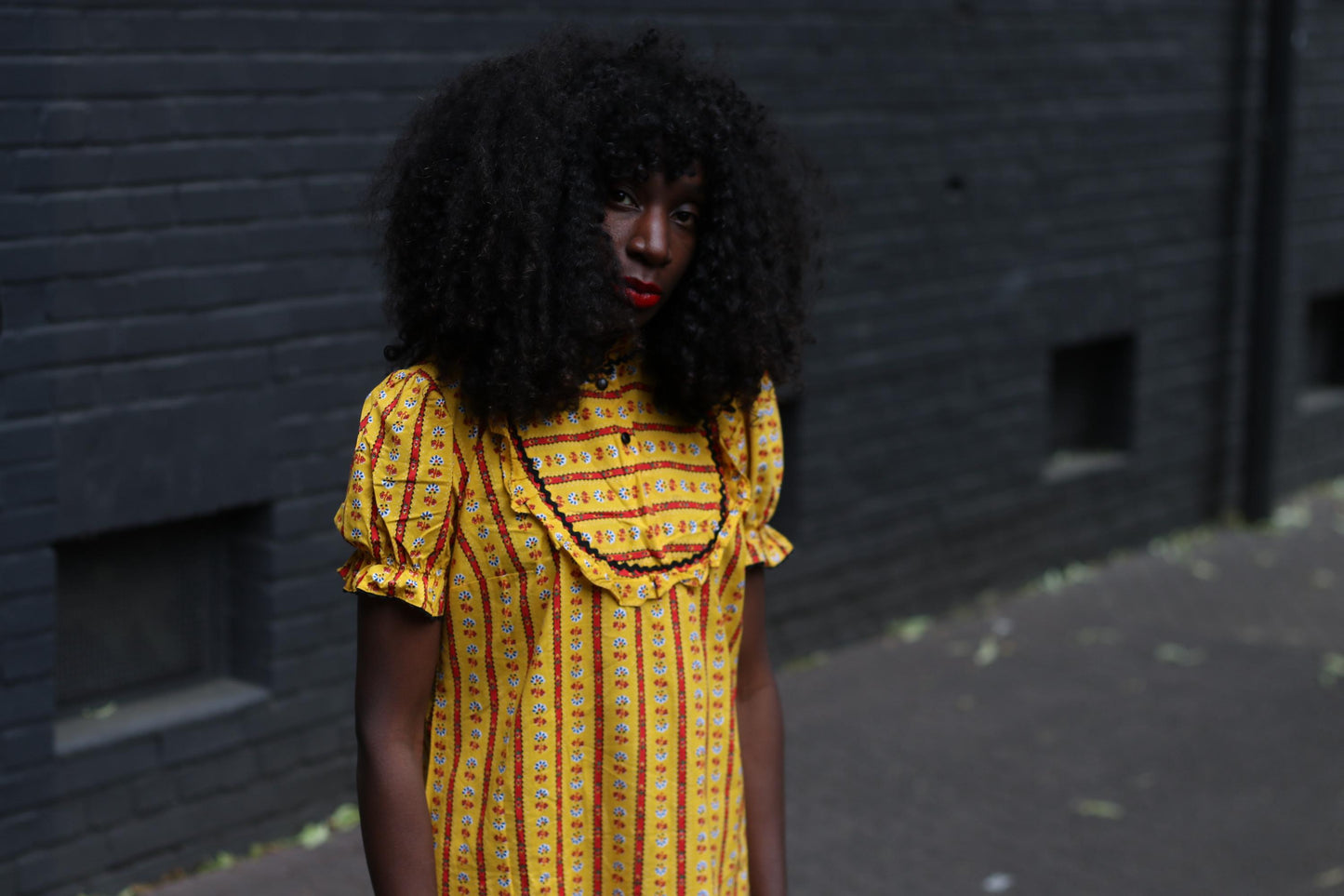 Vintage 70s Prairie Dress – Yellow Floral Stripe Ruffle Collar Dress, Cottagecore Picnic Dress, Puff Sleeve Summer Midi, Boho Folk Style