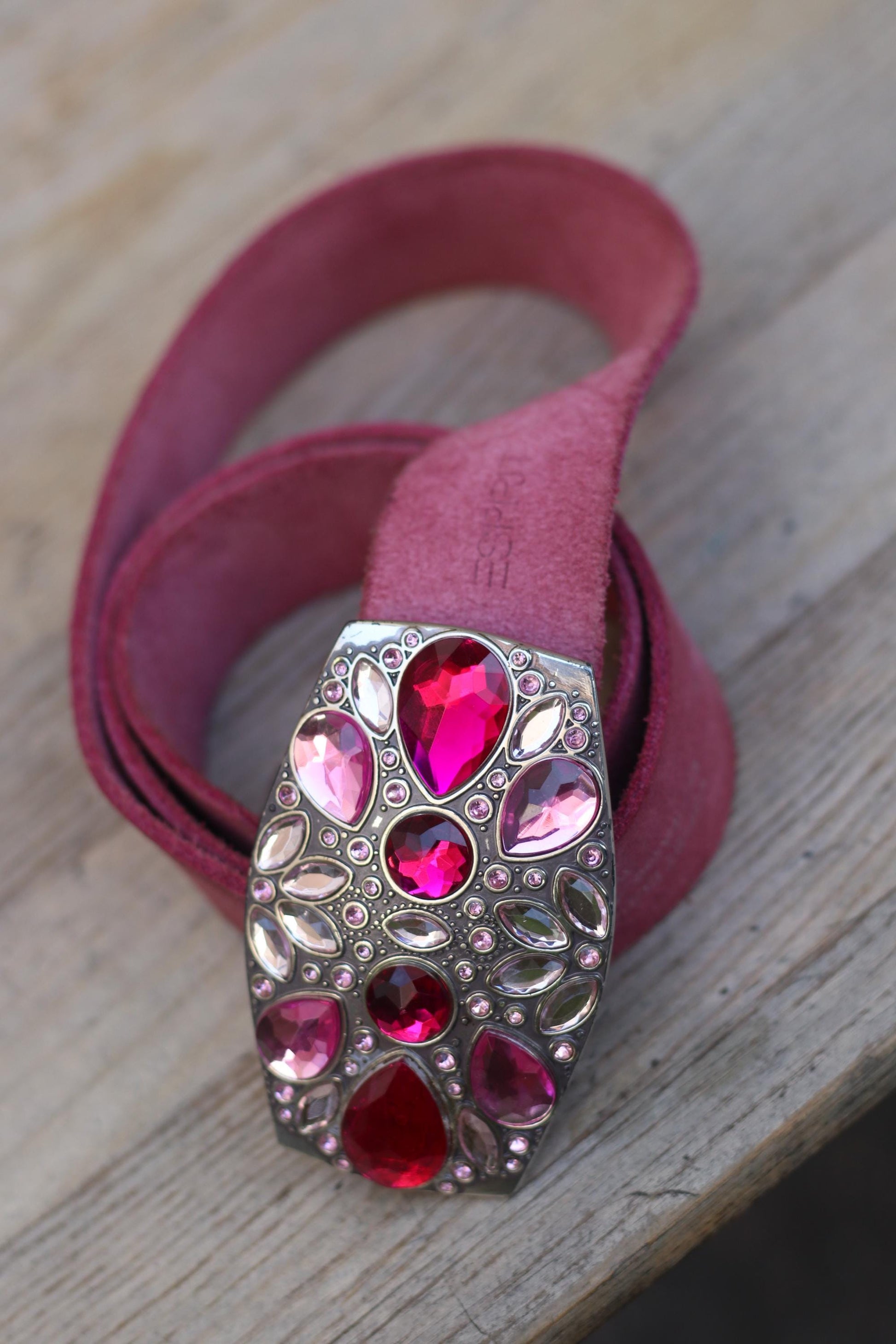 Vintage Pink Suede Esprit Belt | Y2K Statement Gem Buckle | Magenta Leather Waist Belt | Made in Italy | 2000s Glam Accessory