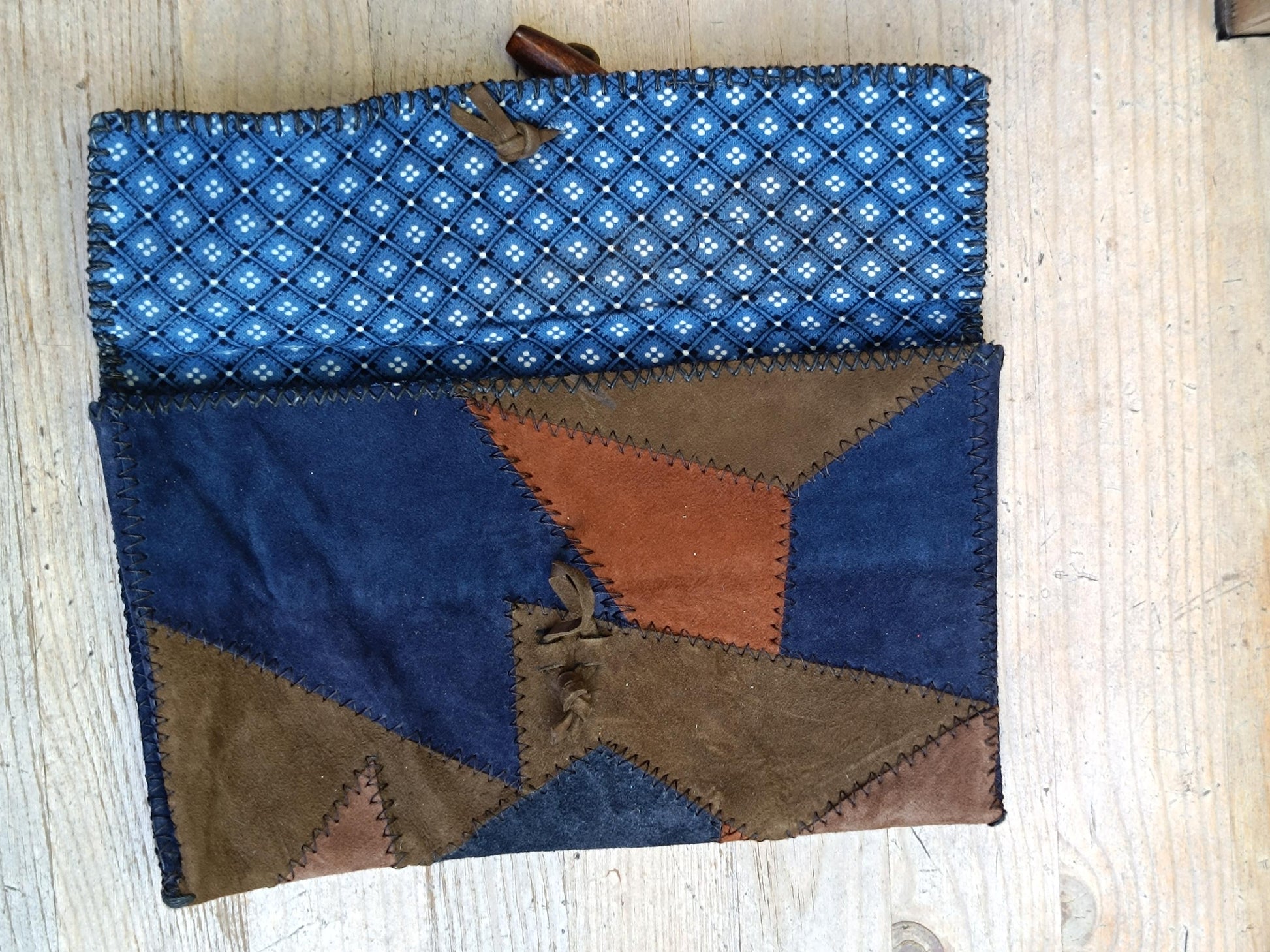 70s Vintage Suede Patchwork Clutch: Handmade Boho Mini Bag