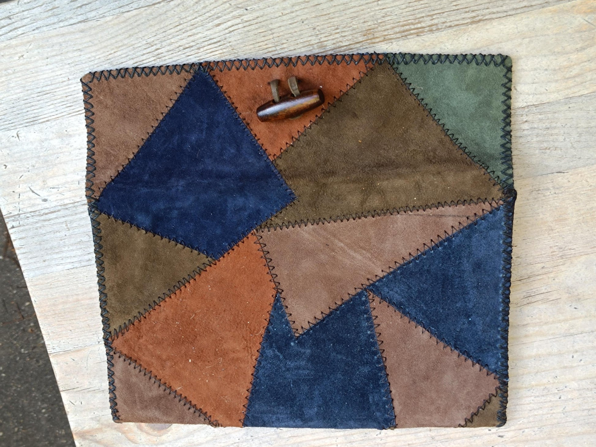 70s Vintage Suede Patchwork Clutch: Handmade Boho Mini Bag